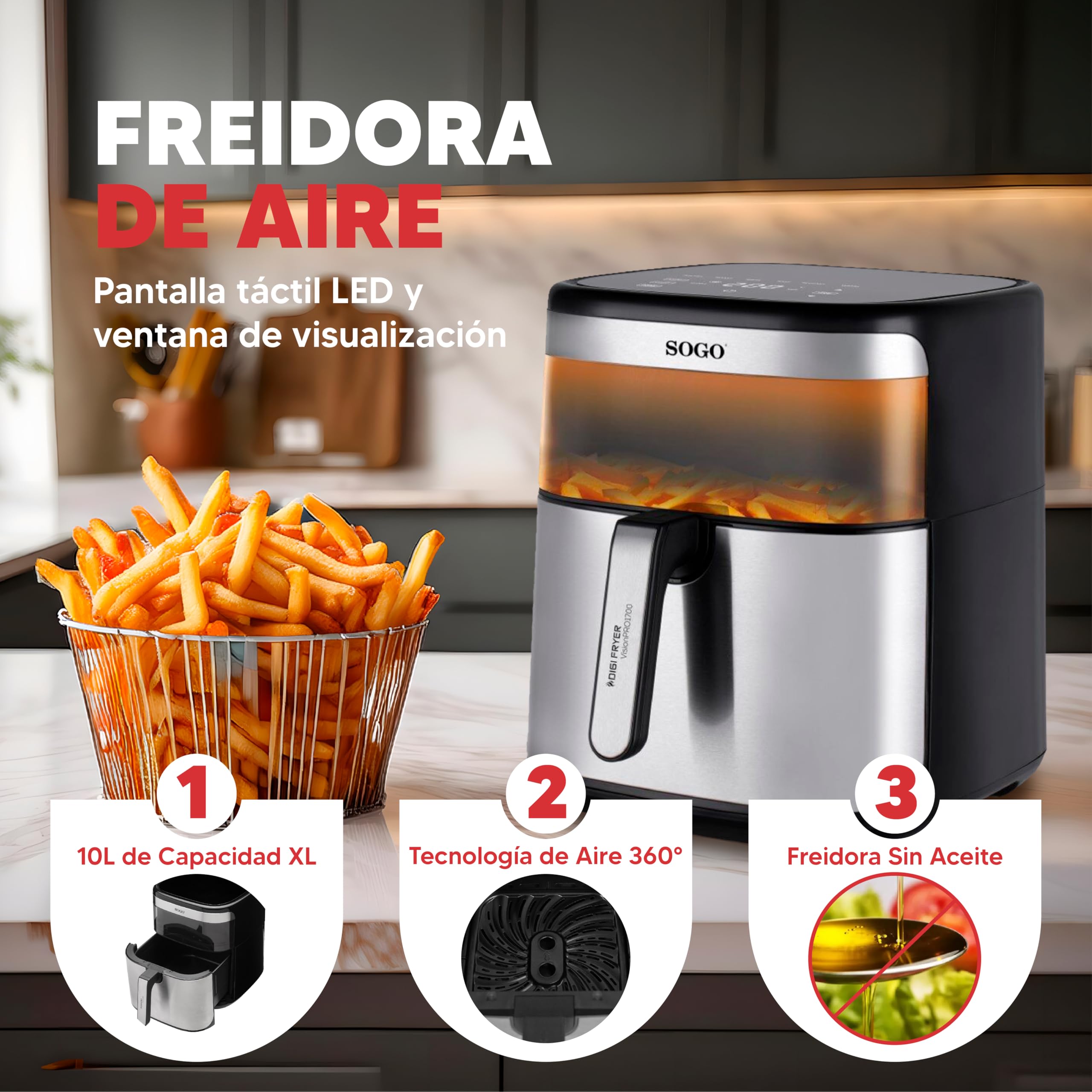 SOGO Freidora de Aire 10L sin Aceite con Pantalla Táctil LED y 10 Funciones - Air Fryer Digital con Cesta Cerámica Antiadherente y Ventana de Visión - Freidora Aire Grande para Cocina Saludable