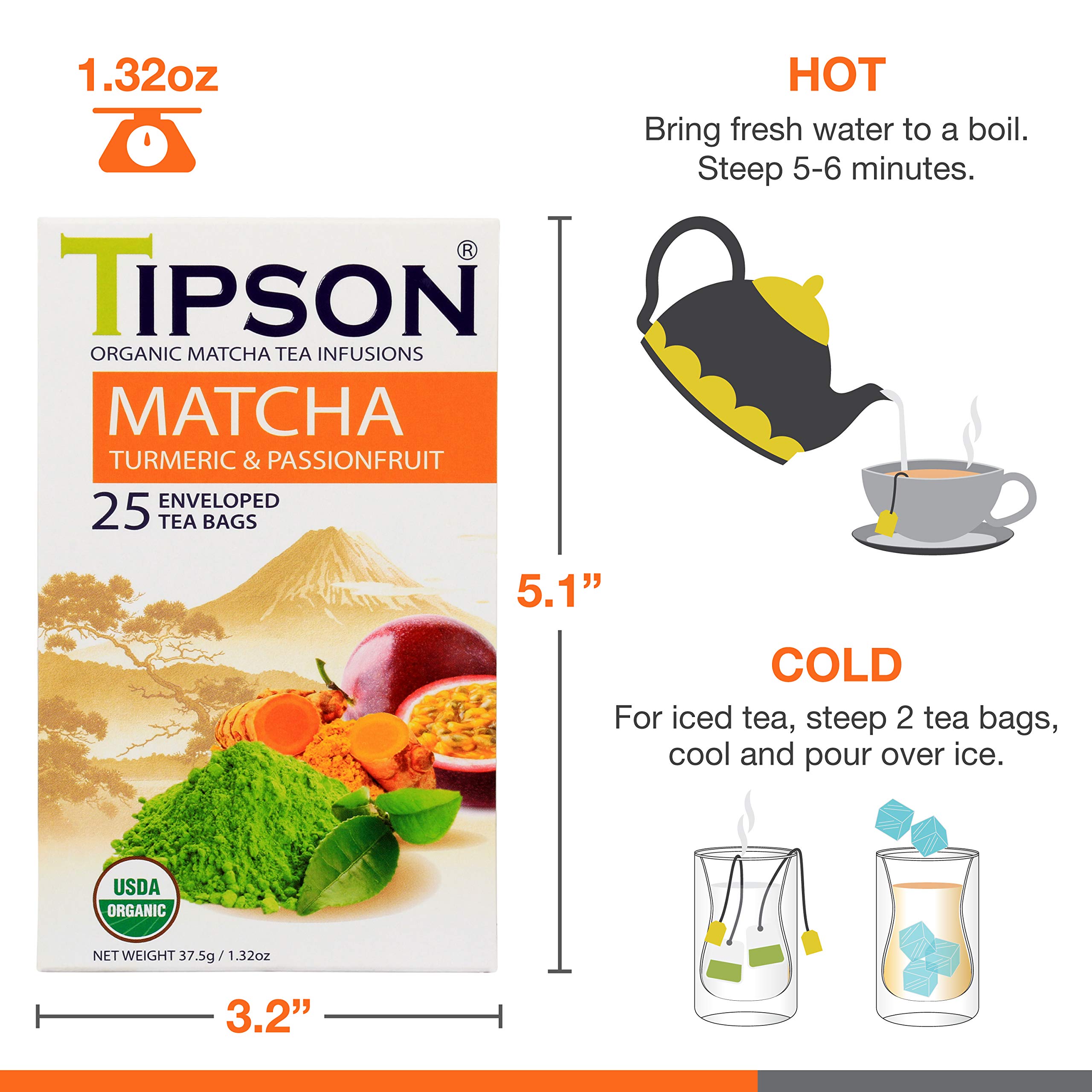 Tipson Organic Matcha Green Tea - Turmeric and Natural Passionfruit Flavor - 25 Foil Enveloped Double Chambered Bags — view 6