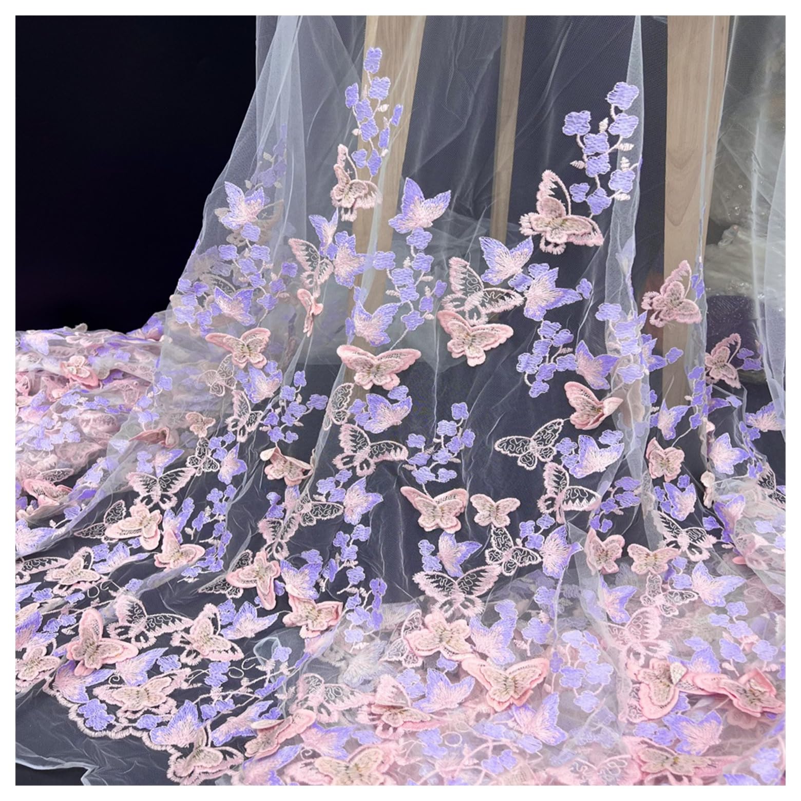 Koronka 3D z motywem motyla, 150 cm, szerokie, kwiaty, haftowana tkanina kwiatowa, tiul haftowany, kwiatowy wzór, materiał dekoracyjny, materiał na ubrania, liliowo-różowy, 2 metry