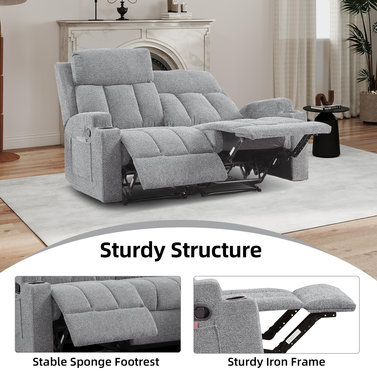 CANMOV Manual Recliner Sofa Set, Soft Fabric Reclining Loveseat with Side Pockets and Cup Holders, 2 Seat Reclining Couch for Living Room, Office, Light Grey view 4