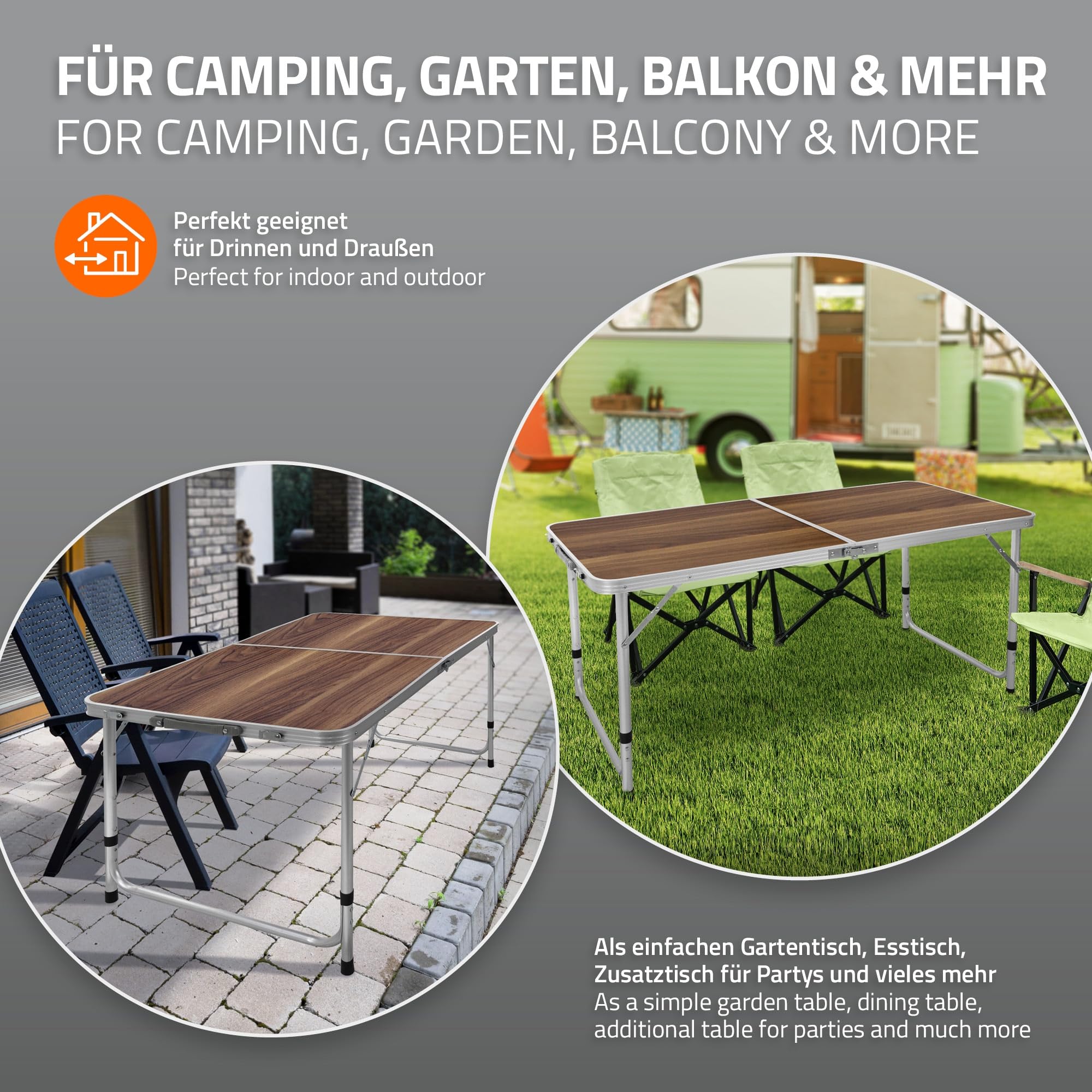 ECD Germany Table Pliante Transportable de Camping - 120 x 60 x 55/63/70 cm - Hauteur Réglable - en Aluminium et MDF - Marron - Table de Camping Jardin Barbecue Travail - Table pour Extérieur