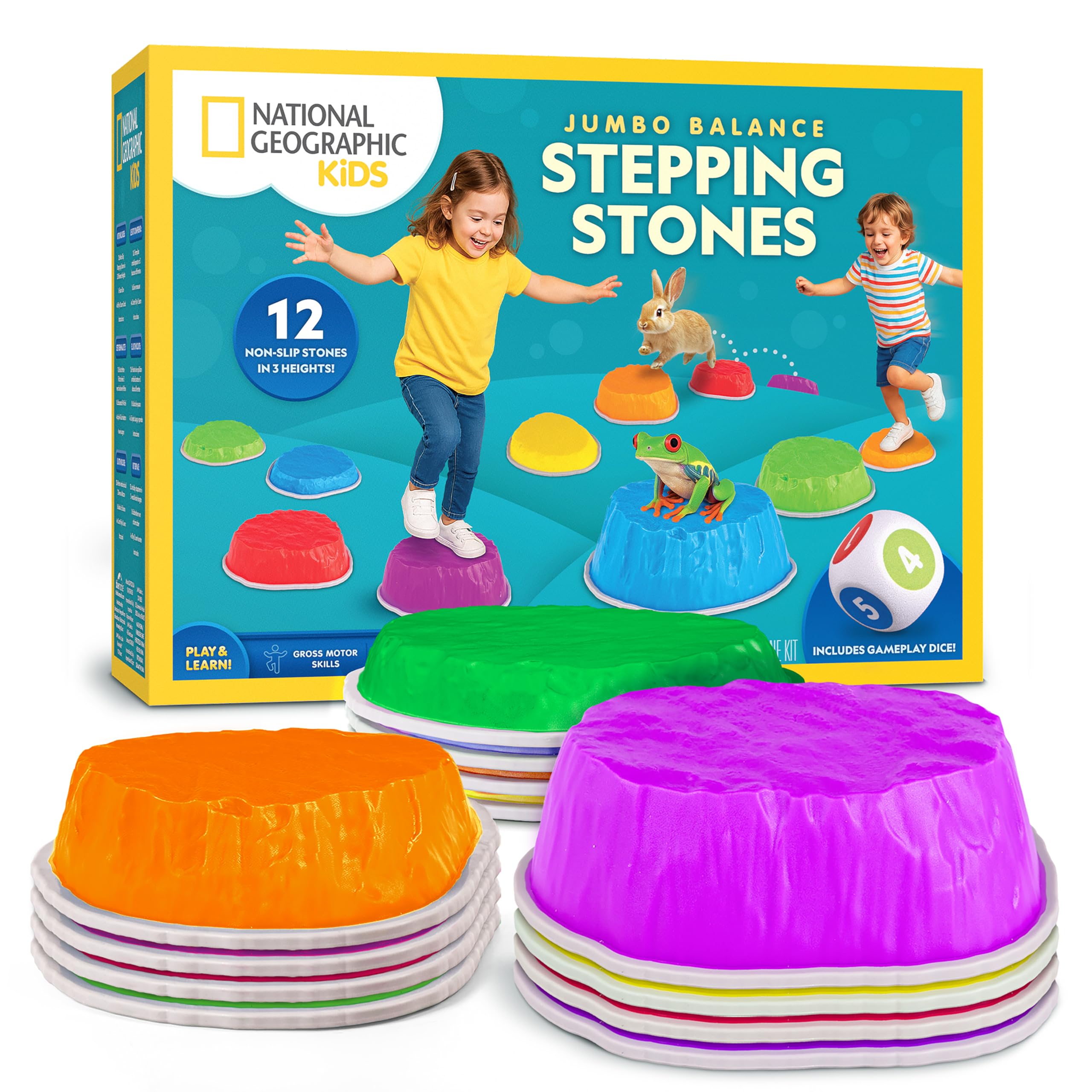 National Geographic Kids Jumbo Balance Stepping Stones – 12 Non-Slip Stepping Stones in 3 Heights with Foam Dice & Play & Learn Cards, Indoor & Outdoor Obstacle Course for Kids Ages 3+