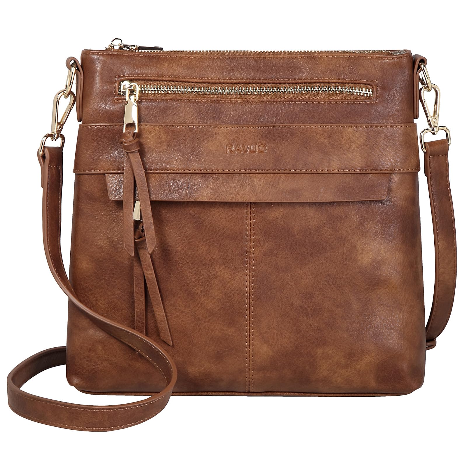 RAVUO Bolso Bandolera Mujer, Grande Bolso Cruzado de Cuero Pu Bolso Hombro Piel con 2 Correas Ajustable Crossbody Bag para Diario Viaje,Marrón