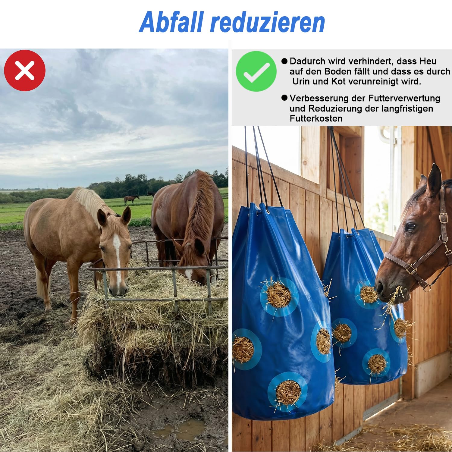 Heunetz für Pferde Verstärktes Futterloch 70x40cm Strapazierfähig Reißfest Blau