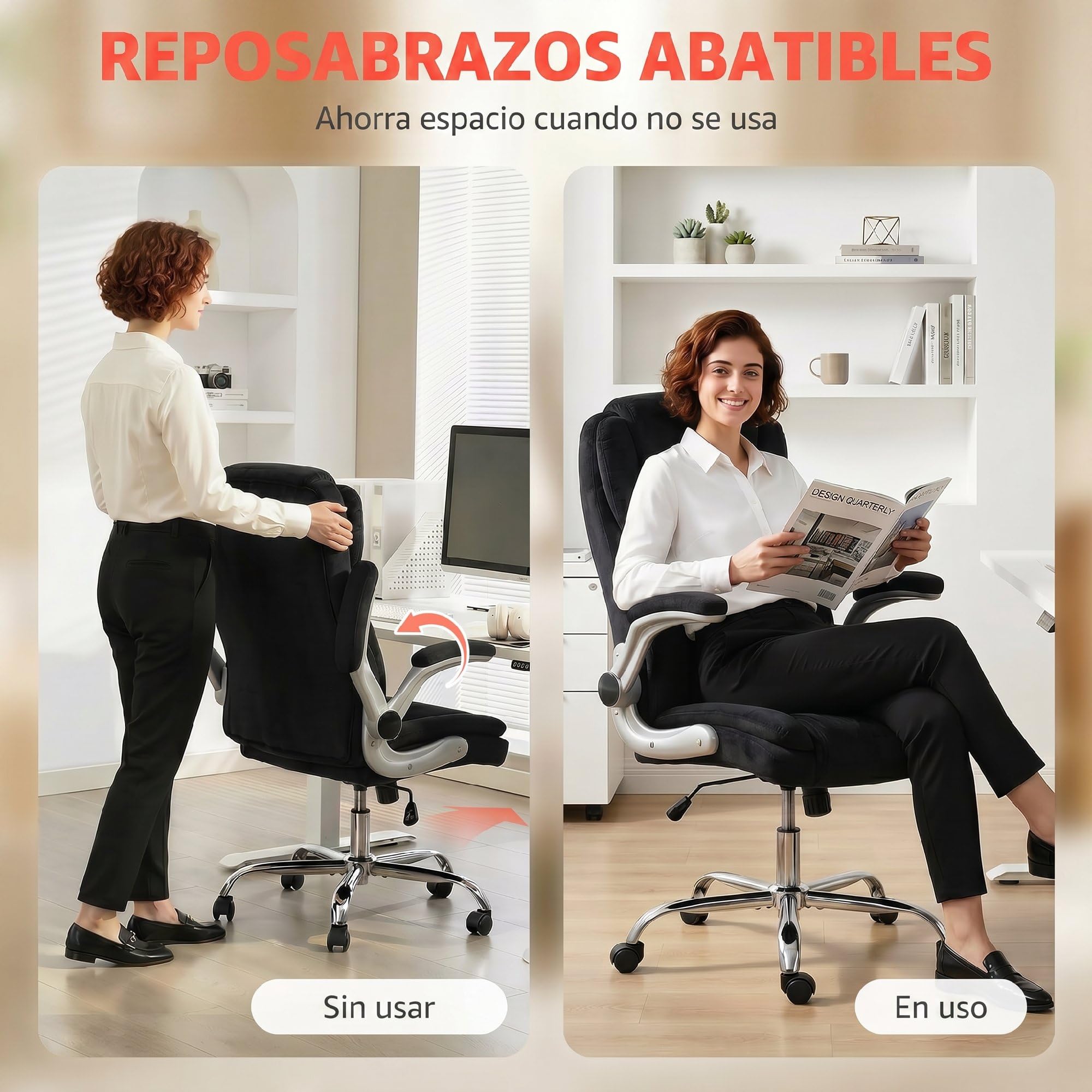 HOMCOM Silla de Escritorio Ergonómica con Reposabrazos Abatibles Negro | Silla de Oficina con Respaldo Alto, Asiento con Muelles, Altura Ajustable, Función Basculante, Tapizado en Terciopelo