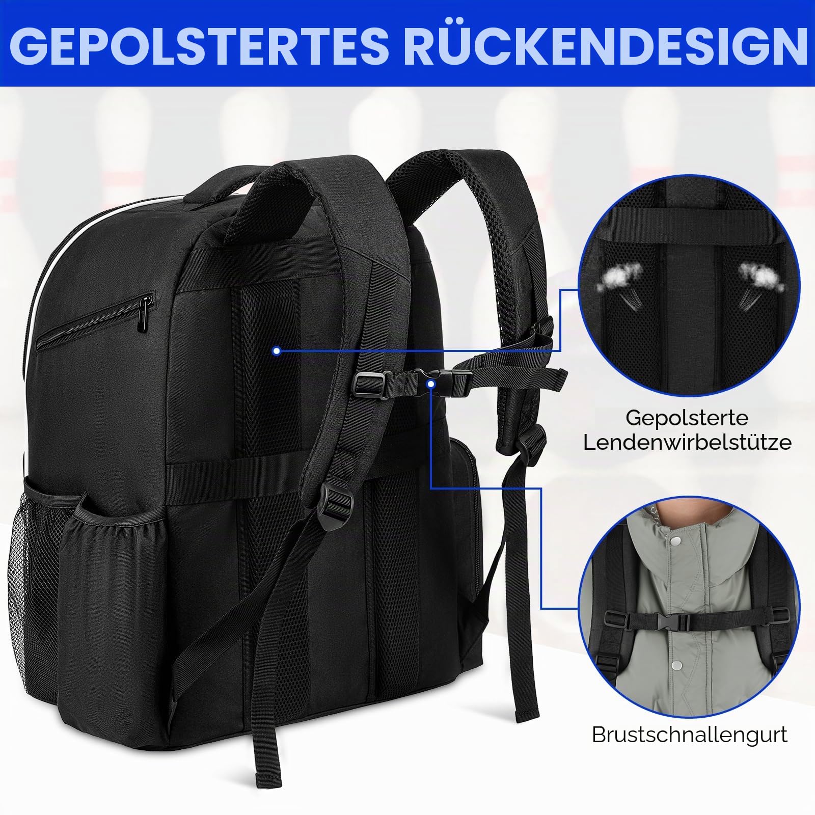 Bowling Backpack, Bowling Ball Bag for Bowling Accessories, Fits A Pair of Bowling Shoes Up to Size 16 for Men