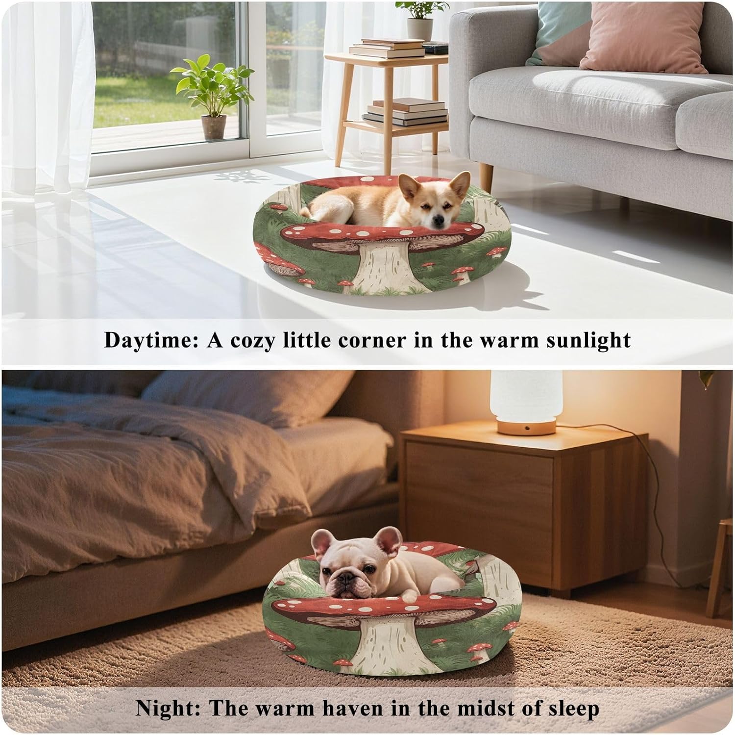 Dog Bed Ultra Soft Fluffy Comfortable Cat Bed, Forest Mushroom Washable Dog Beds Anti-Slip Round Pet Beds for Medium Dogs