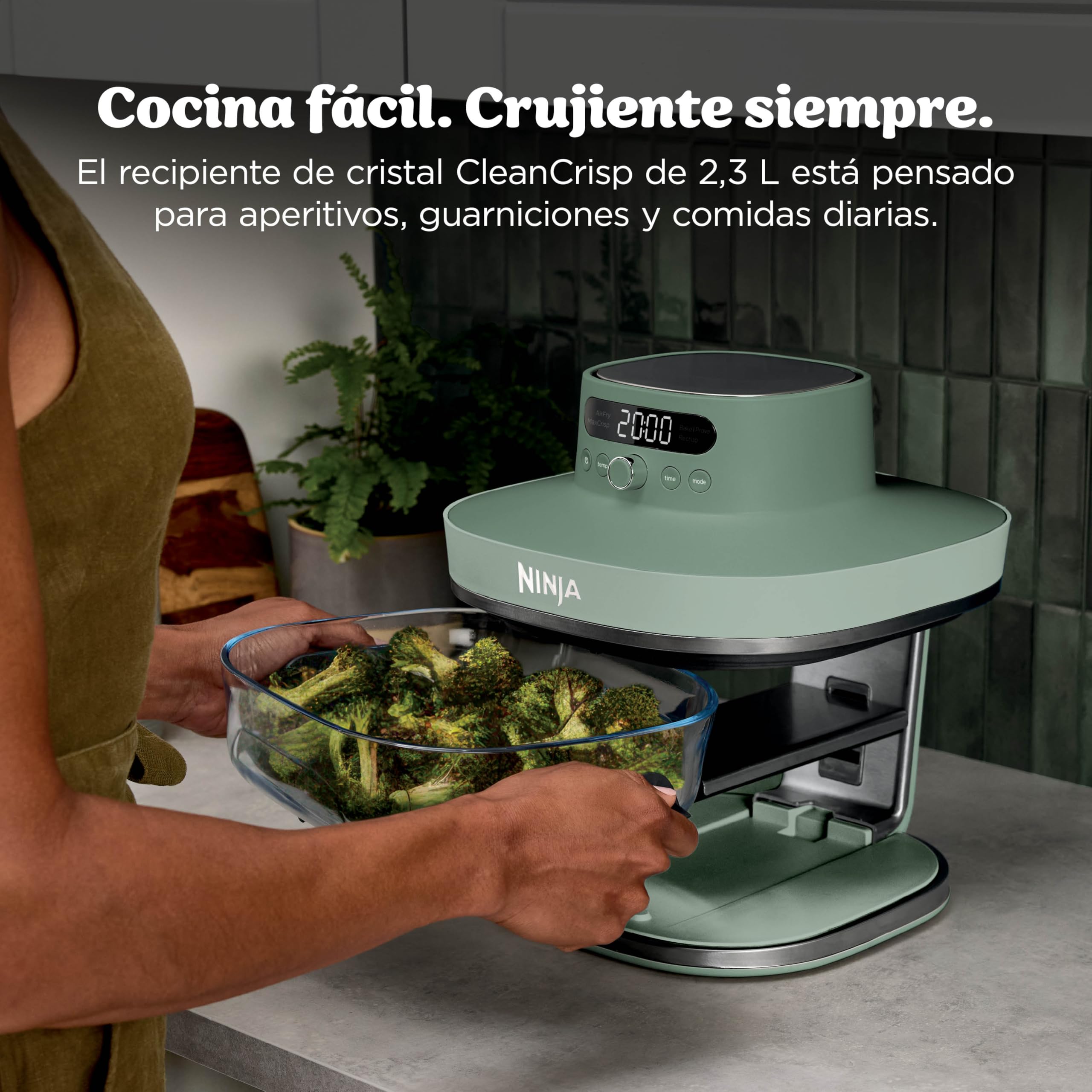 Ninja CRISPi PRO XL Glas-Heißluftfritteuse (Air-Fryer), 5 voreingestellte Zubereitungsfunktionen, CleanCrisp-Glasbehälter (5,7 l und 2,3 l) und Aufbewahrungsdeckel, Moosgrün AS090EUGN