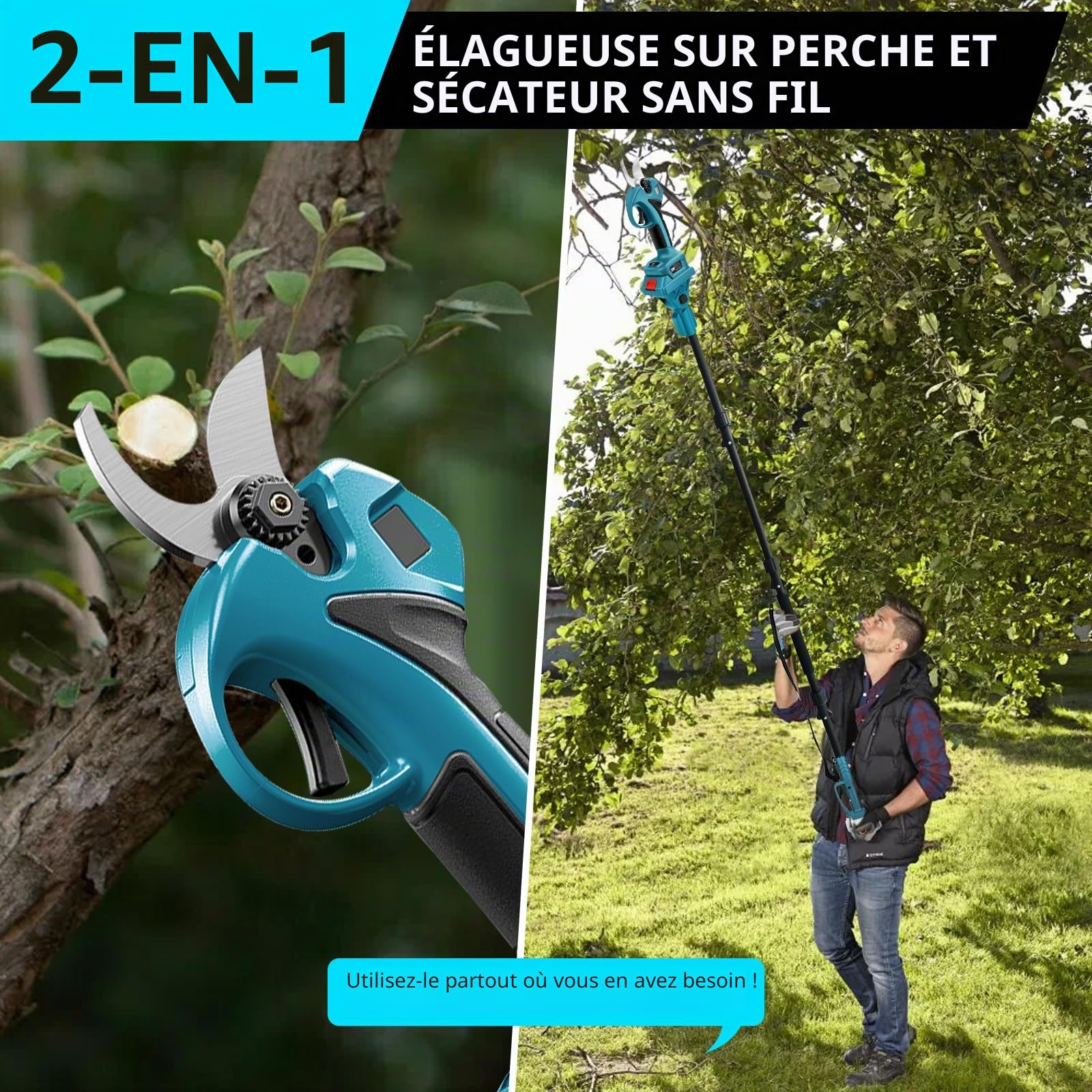 Sécateur électrique 30 mm, 2 en 1, télescopique, compatible avec batteries Makita, sécateur sans fil, portée maximale jusqu'à 4,5 m, sans fil (sans batterie)