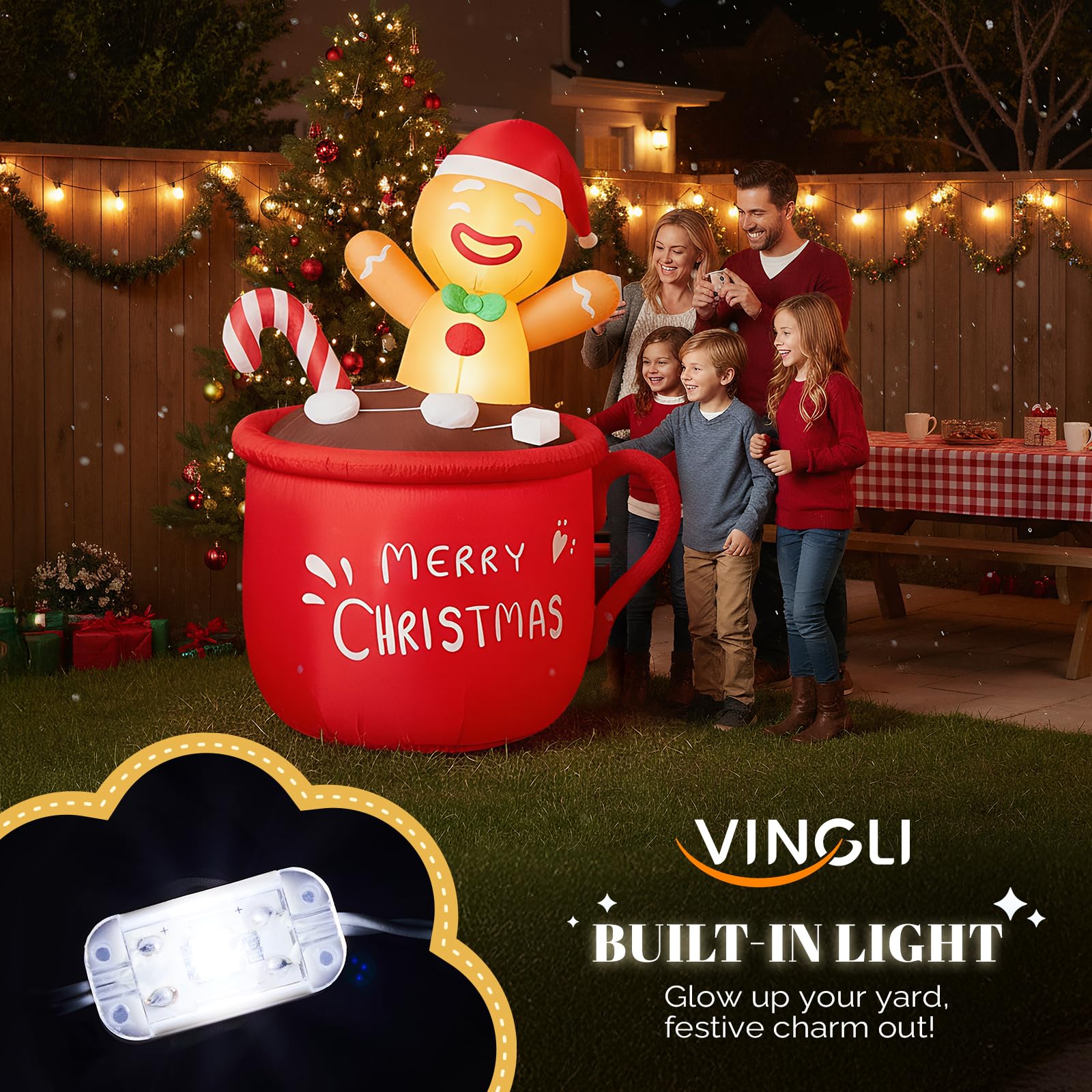 VINGLI Décoration de Noël Gonflable de 1,95 m, Adorable Bonhomme en Pain d'épice se Prélassant dans Une Tasse de Chocolat Chaud, Idéale pour Les Jardins, Pelouses, Fêtes