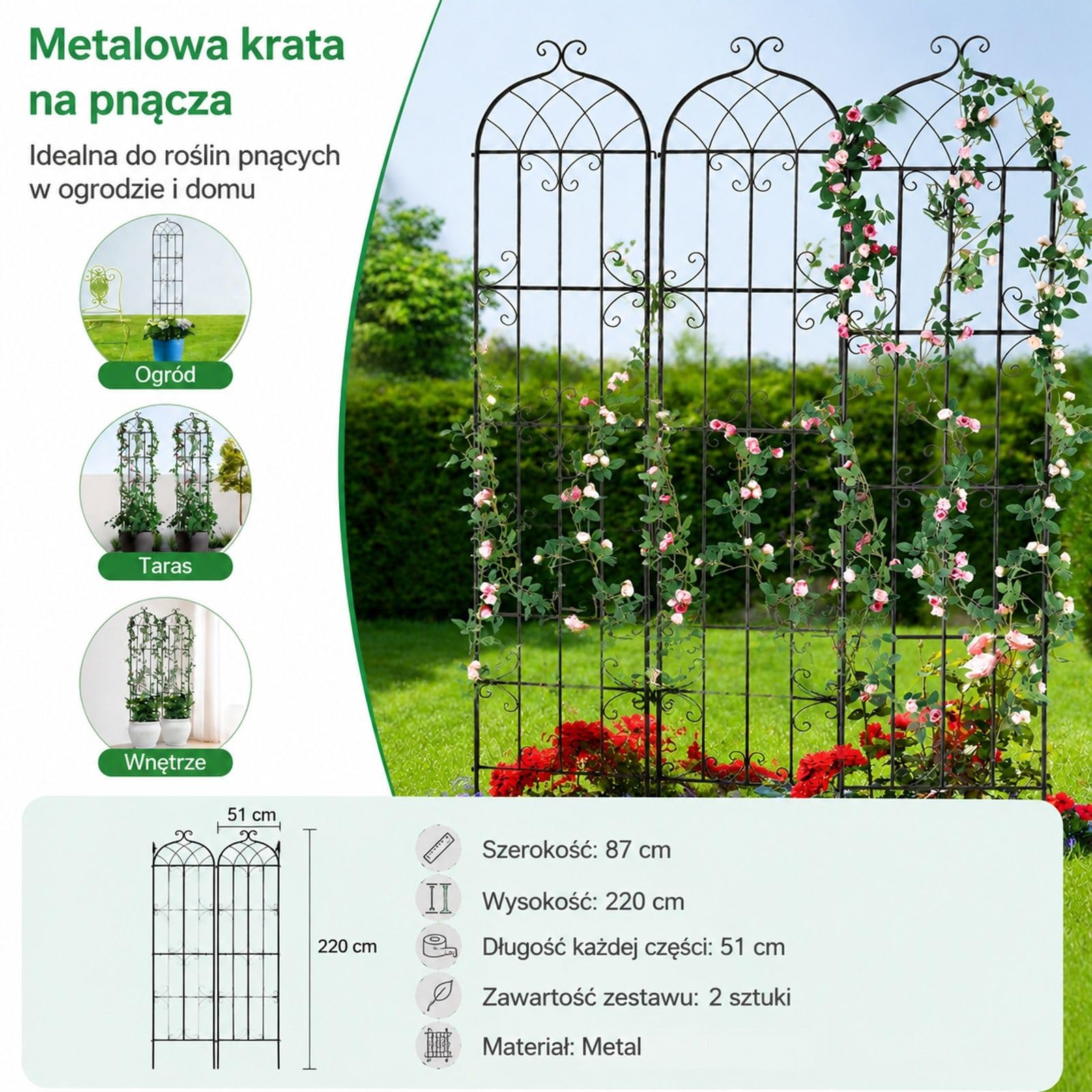 Kratka ogrodowa zestaw 2 sztuki, czarny metal Q195, podpora do róż, powojników, ogórków, na podwórko i trawnik
