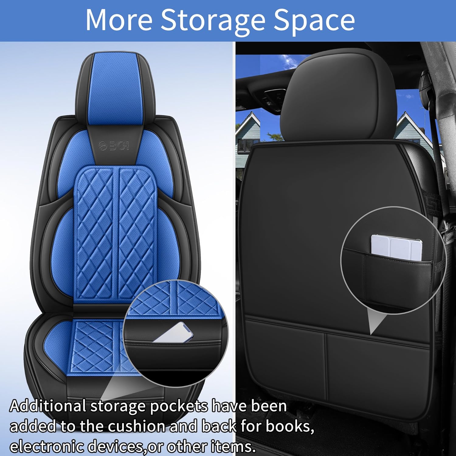 Car Seat Cover Custom Fit for Ford F150 2009-2026 Faux Leather Seat Cover Set Compatible with Regular Cab Super Cab Super Crew Pickup Truck Cushions (Black & Blue, Front Seat)