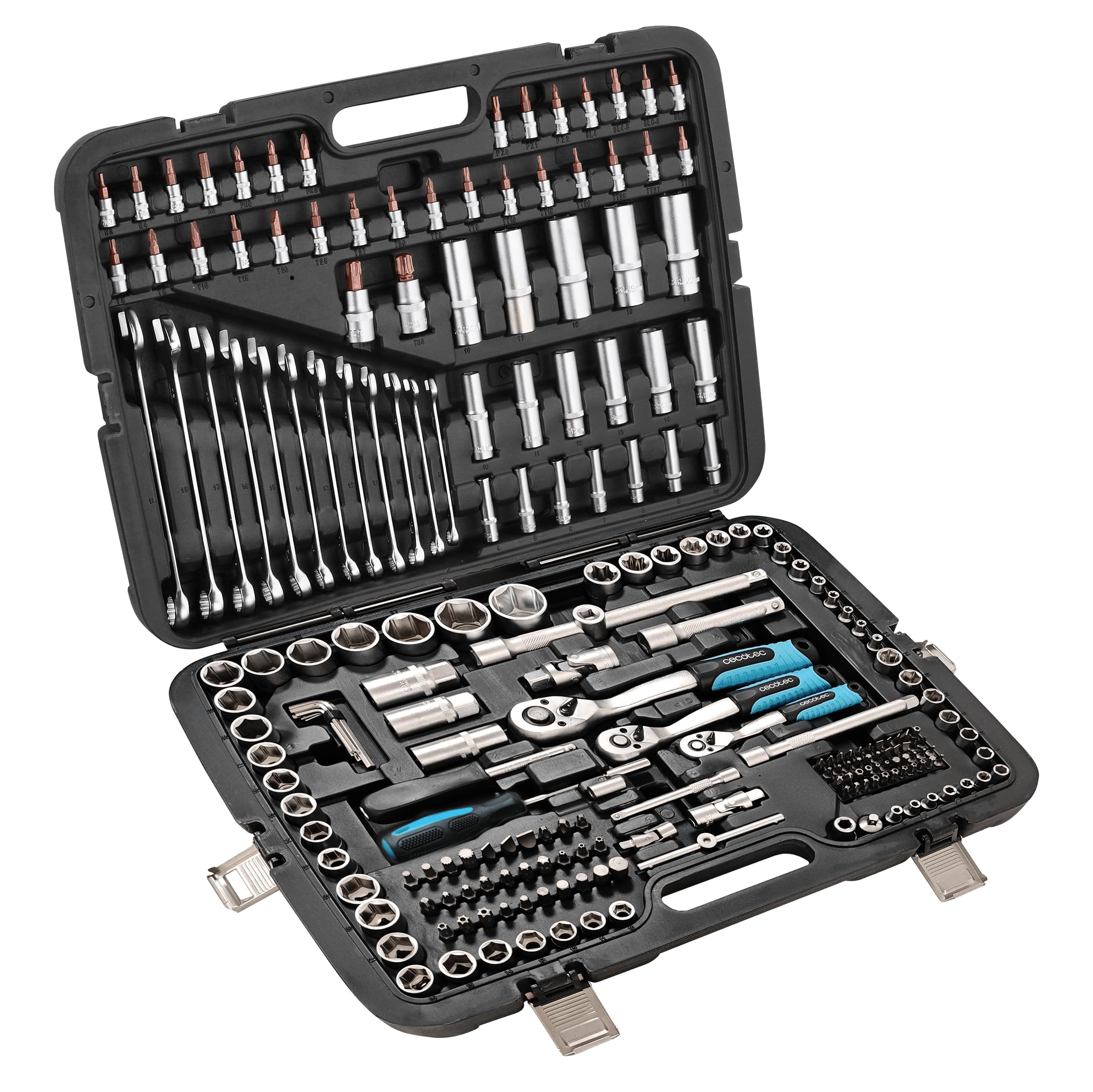 Cecotec Juego de Llaves de Vaso - Maletín con 216 Piezas ToolBox KRK 6200 | Portaherramientas, 3 Carracas de 72 Dientes, Vasos CR-V, Puntas S2, 12 Llaves Fijas, Vasos para Llantas, 4 Hebillas de Cierre