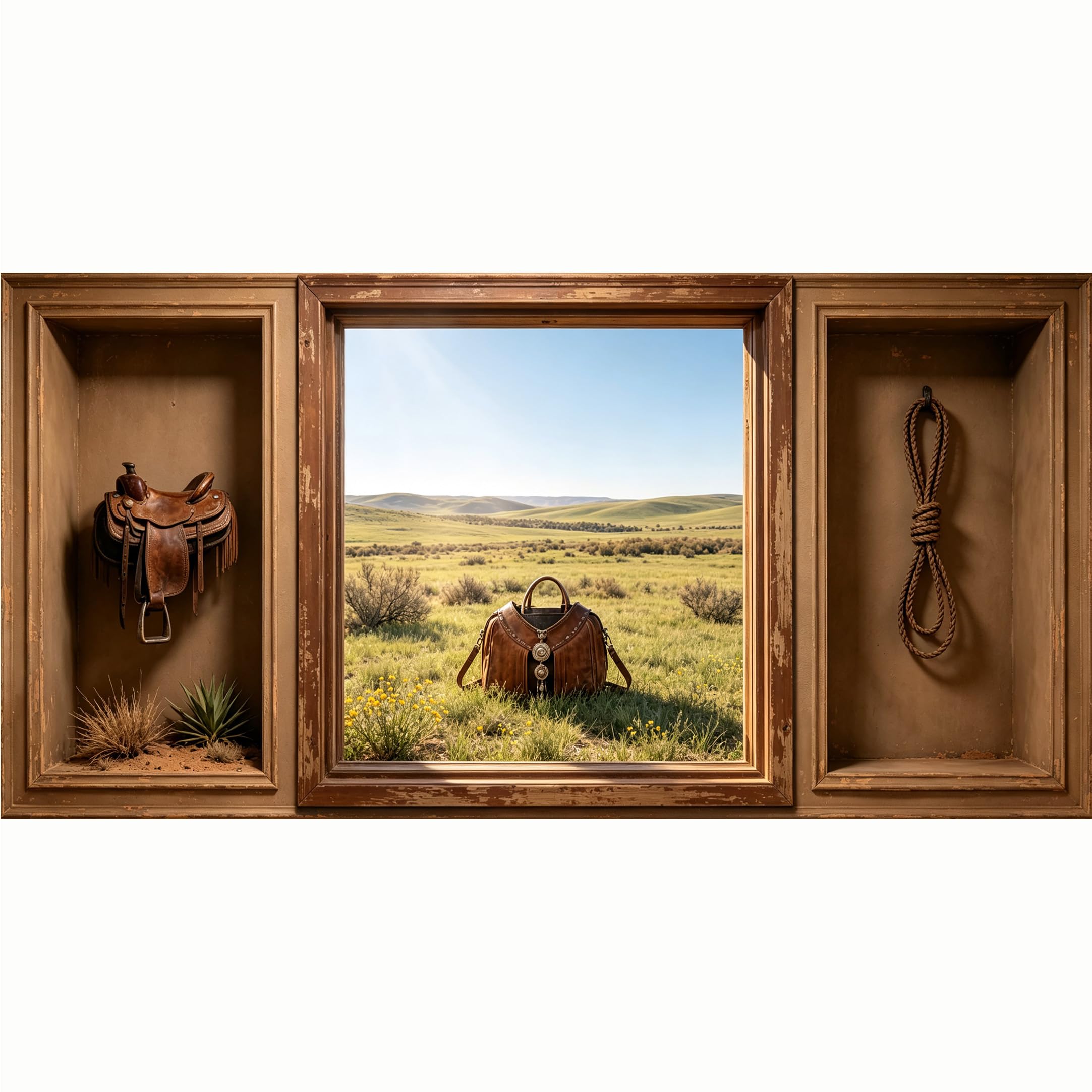QZLITHOTIC 50x100cm 3D Framed Wall Art， Western Desert Saddle Landscape Mural， Water‑Activated Peel & Stick Fabric Decor Wall Decal for Bedroom Living Room