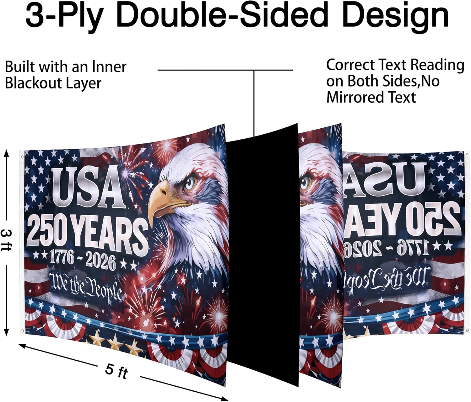 250 Anniversary USA Flag 3x5 FT Double Sided 3-Ply: 1776-2026 250 Year American Anniversary Flag for Outside Heavy Duty USA 250th Patriotic Commemorative Banner Reinforced Brass Grommets