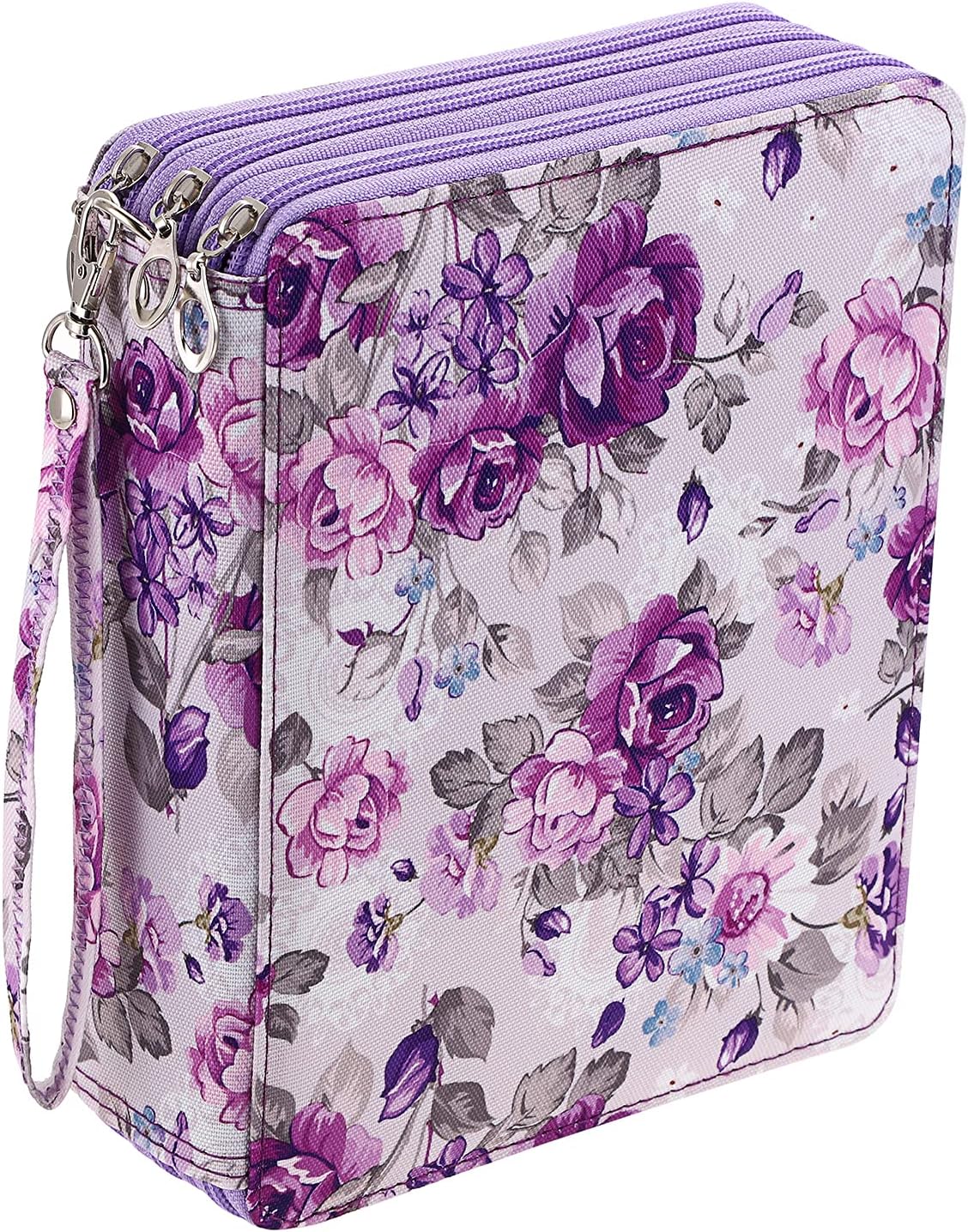 BTSKYColored Pencil Case- 120 Slots Pencil Holder Pen Bag Large Capacity Pencil Organizer with Handle Strap Handy Colored Pencil Box with Printing Pattern (Purple Flower)