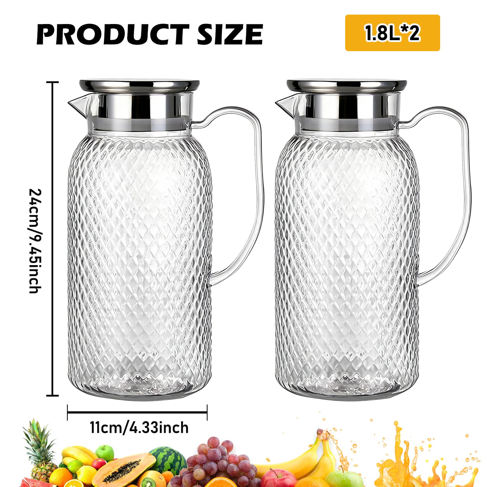 2 caraffa per acqua con coperchio, 1,8 l, con coperchio in PC, caraffa da 2 litri, resistente al calore e infrangibile, per acqua, succo e tè
