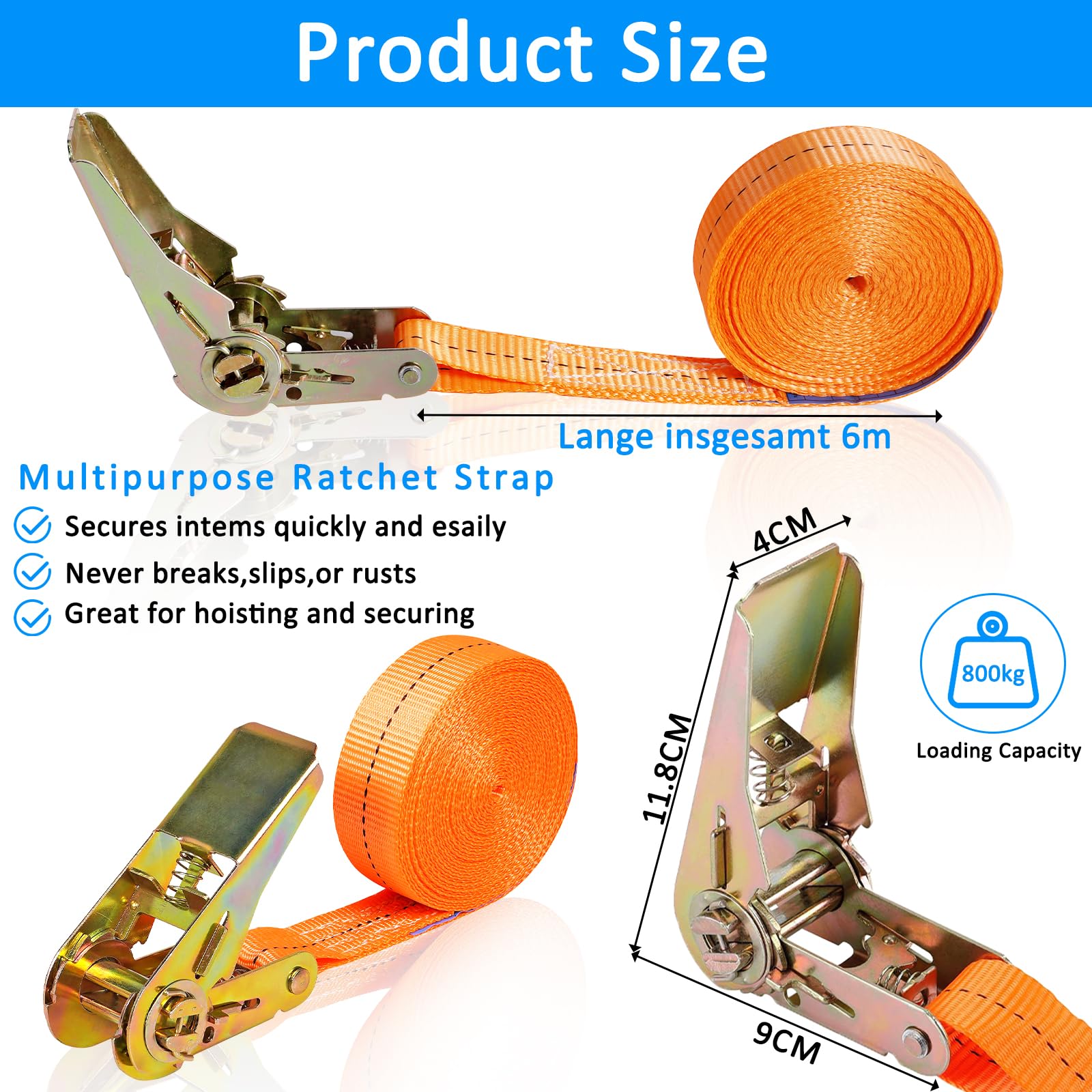 4 Cinghie A Cricchetto Da 800kg - Set Professionale Per Fissaggio Carichi 5 Metri | Gancio Di Sicurezza - Foto 11