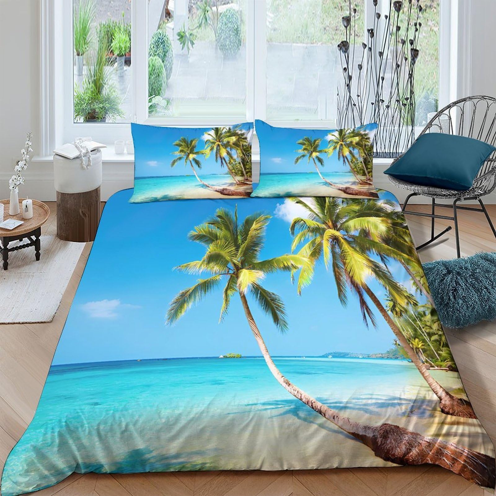 Scena di spiaggia tropicale copripiumino 3 Pezzi microfibra stampa di 3D con federa con federe Fuga di lusso sull'isola Set Di Copripiumino for coppie e adulti King（220x240cm）