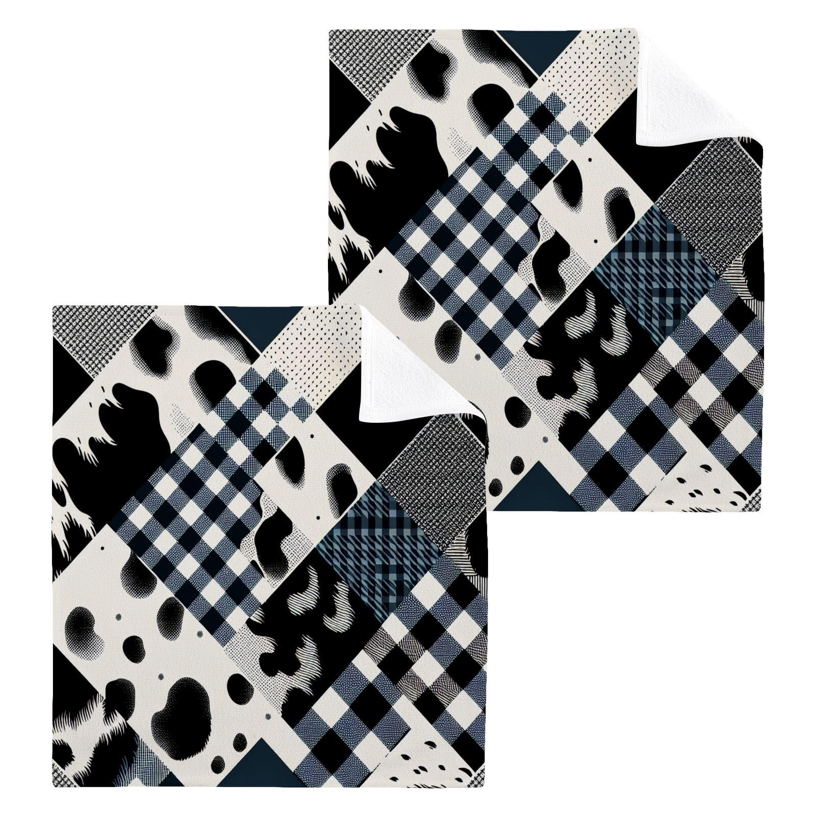 YANENDIE Cow Print Gingham Washcloths Towels, Highly Absorbent and Soft Cotton Face Cloths, 2 Pack Quick Dry Wash Cloths - 12 X 12 Inches