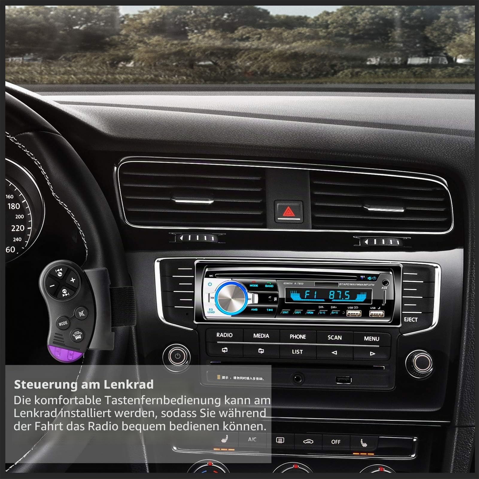Autoradio mit Bluetooth Freisprecheinrichtung, 65W*4 Bluetooth Autoradio 1 Din mit Lenkrad-Fernbedienung, FM/MP3-Player/2*USB/TF/AUX Audio/Antenna Adapter (Keine CD)