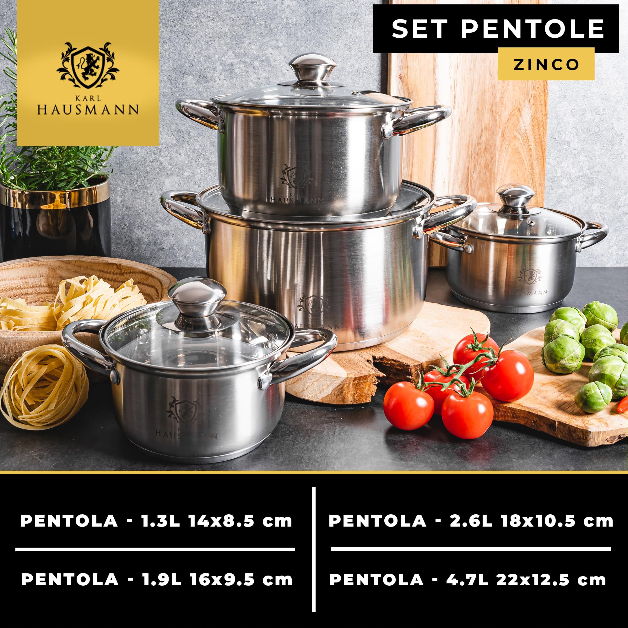 KARL HAUSMANN Set di Pentole Induzione - 4 Pezzi - Batteria di Pentole Acciaio Inox - Scala Interna - Pentola per Induzione, Gas, Elettrica e in Vetroceramica - Riscaldamento e Cottura Uniforme