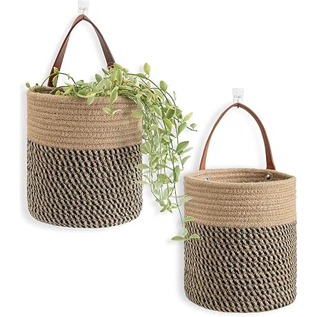 Jute Rope Hanging Basket: 2-Pack Versatile Woven Fern Wall Decor for Plants, Flowers, and Storage