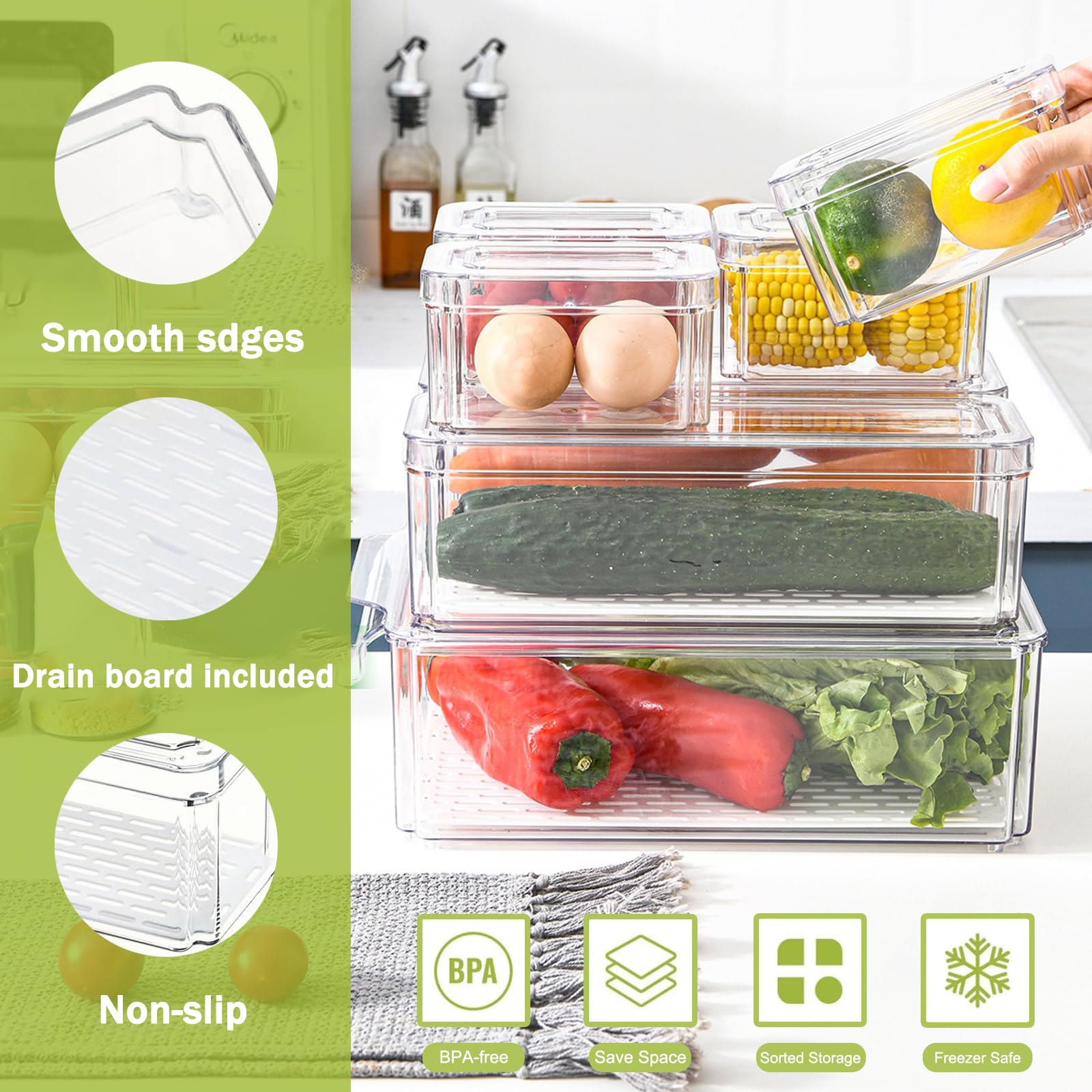 Kühlschrank-Organizer und Aufbewahrungsbehälter, transparent, BPA-frei, mit Deckel, stapelbare Lebensmittelbehälter für Obst, Gemüse, Snacks, Getränke, 10 Stück (1 groß + 3 mittel + 6 klein)