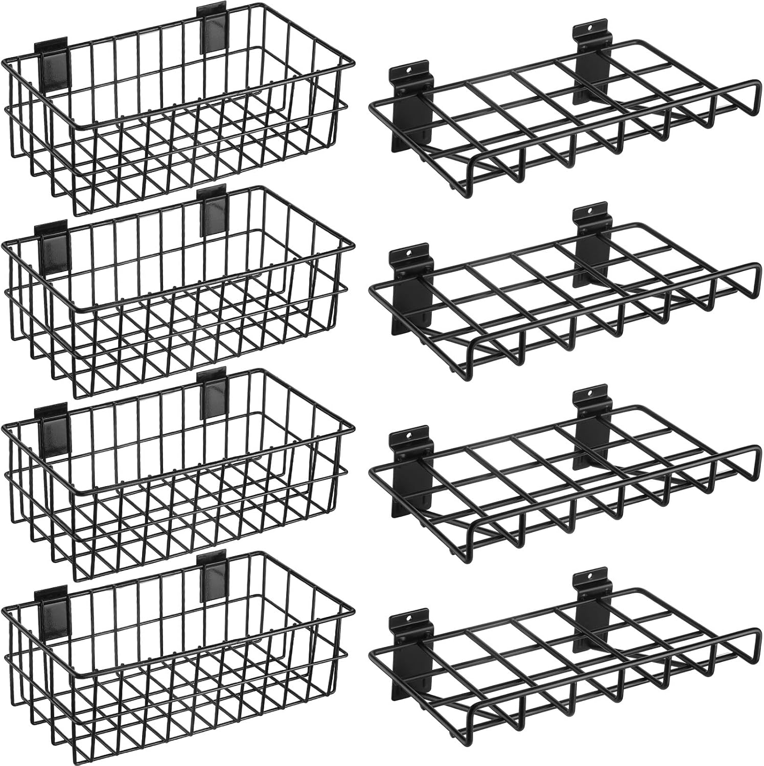 Juego de 8 cestas de Slatwall, 4 cestas de metal ventiladas, cestas montadas en pared, 4 estantes colgantes de pared de Slatwall, accesorios para