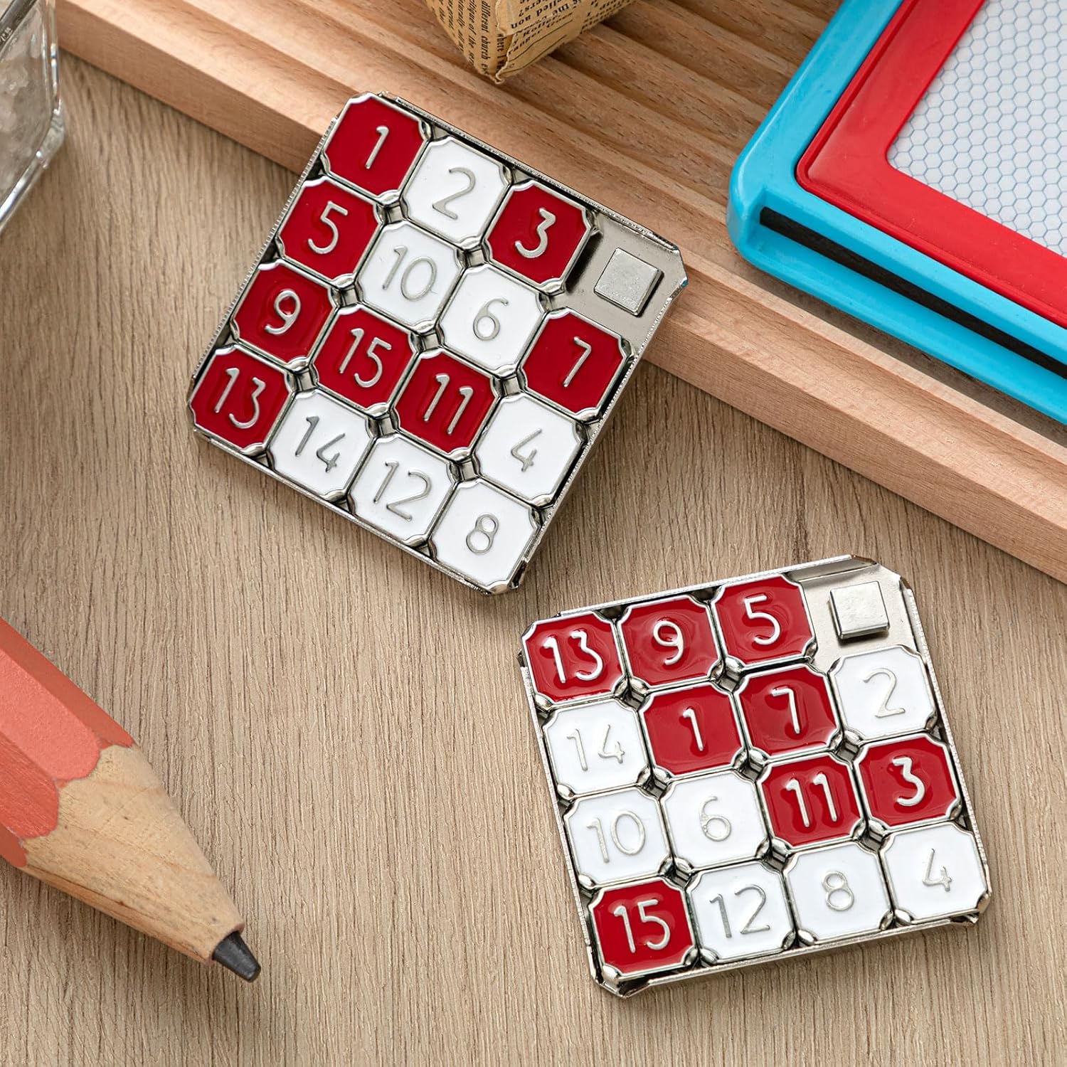 VioraWhite 4 Pack Metal Number Slide 15 Puzzle Red and White Number Sliding Puzzle Educational Pocket Funny Christmas Iq Game Gift for Teens and Adults, Ideal for Learning Tool Party Favors