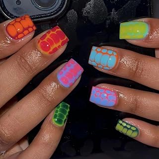 BABALAL Short Press on Nails Square Fake Nails Colorful Orange Crocodile Design Glue on Nails 24Pcs Summer Squoval Manicure False Nails Glossy Stick on Nails