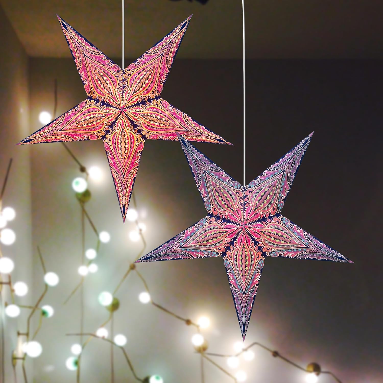 GalaxyArts Paper Star Lanterns Pack of 2 (Queen Blue-Pink) and (Queen Blue-Yellow) 24 Inch Christmas Light Up Hollow Out Star Hanging Decoration for Indoor Outdoor, Thanksgiving, Special Occasions