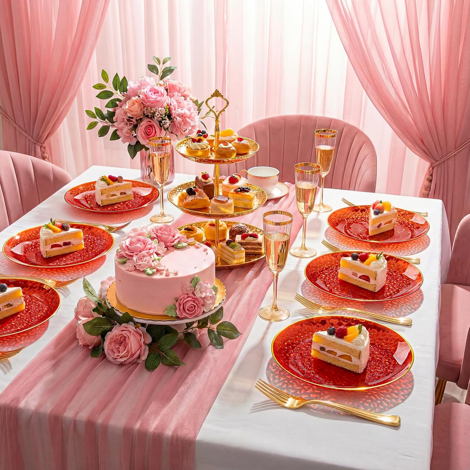 DaYammi 240Pcs Red Plastic Plates Including 120Pcs Red Dessert Plates and 120Pcs Gold Forks,Hammered Party Plate,Appetizer plates Heavy duty Disposable Plastic Plate for Party Wedding Mother's Day