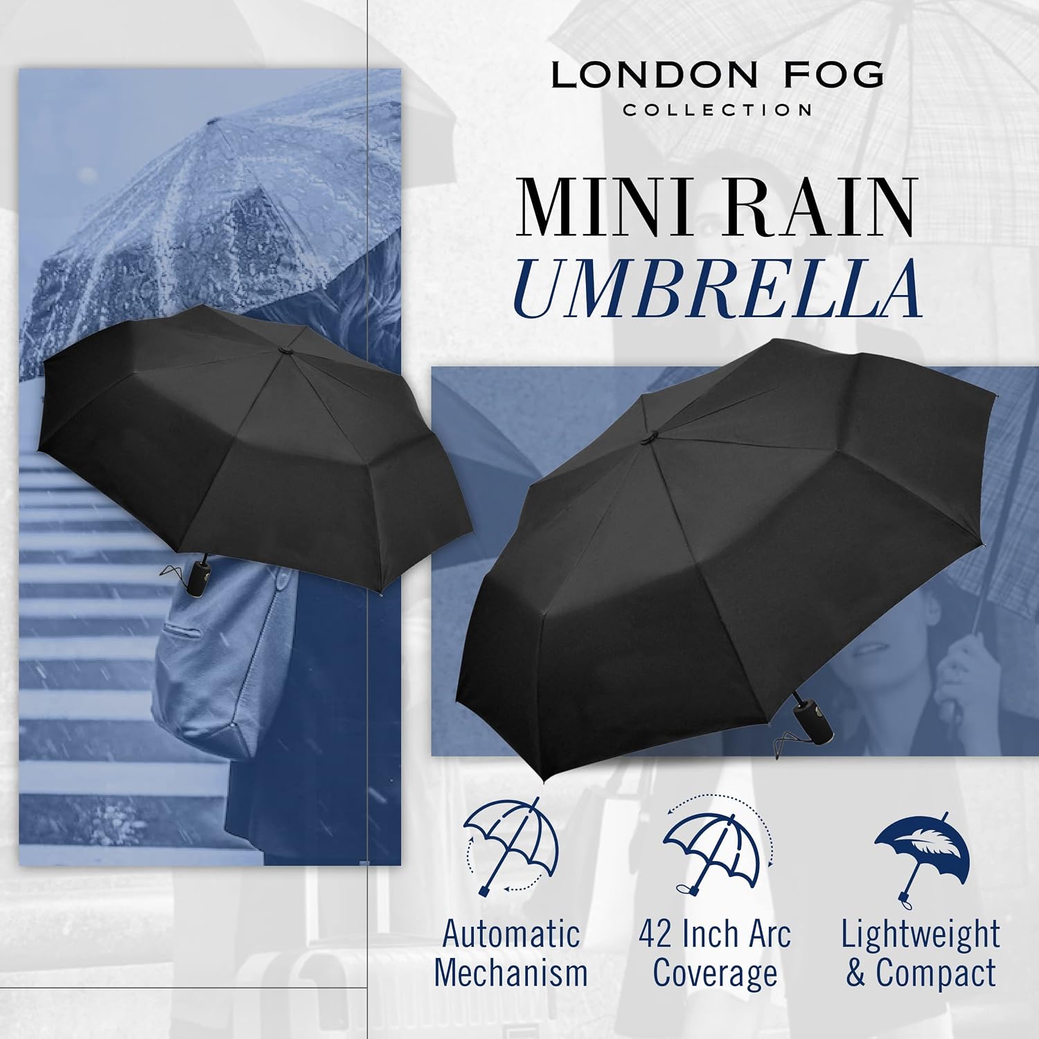 LONDON FOG Mini Rain Umbrella, Automatic Folding Umbrella, Windproof, Lightweight and Packable for Travel, Full 42 Inch Arc