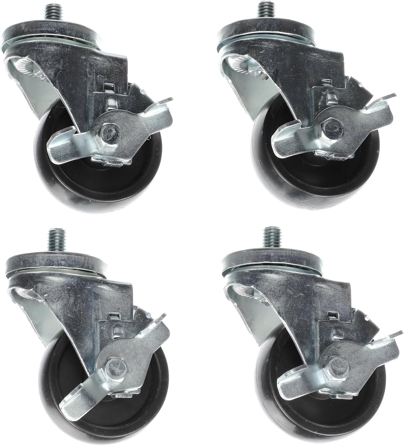 Medium Duty Threaded Stem Caster Kit - 1/2-13 x 3/4" Stem, 3" Black Polyolefin Wheel, 4 Brake Casters