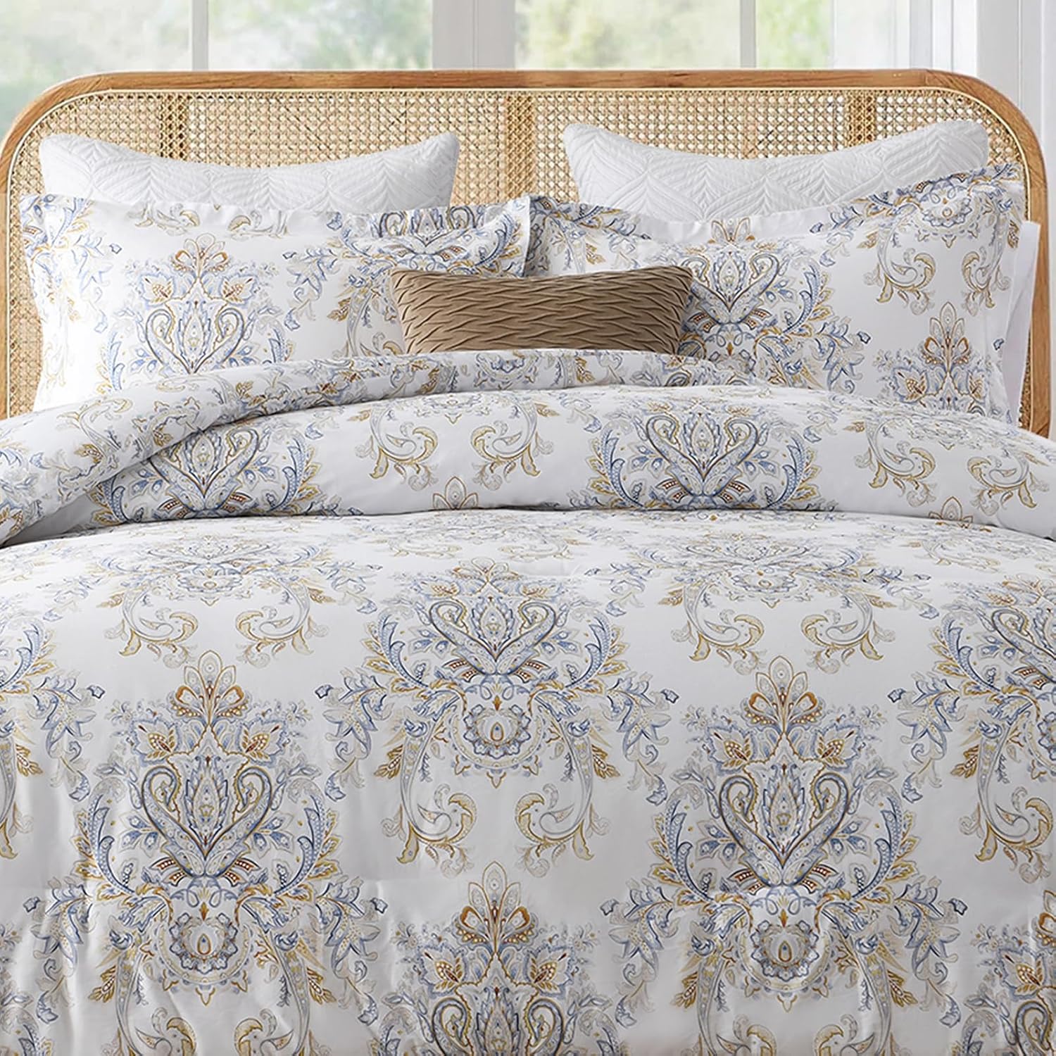SahSahCasa Cotton Comforter Set King Size, King Comforter Bedding Set, Paisley Floral Damask Patterns Comforter, Chic Fluffy Quilted All-Season Luxury Bed Set, Duvets and Down Alternative, 3pcs