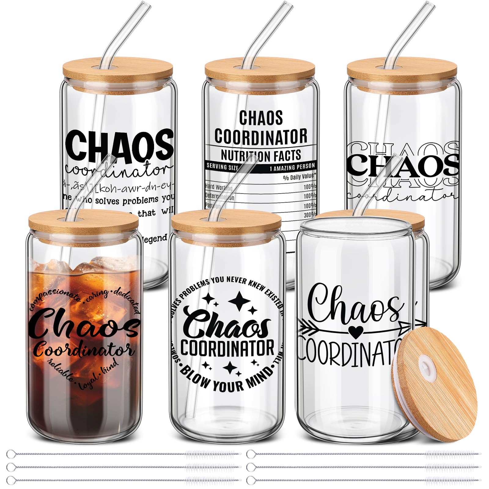 SiliFine 6 Pcs Employee Appreciation Gifts Chaos Coordinator Gifts Bulk Thank You Gift for Coworker 16 oz Can Shape Drinking Glass Cup with Lid and