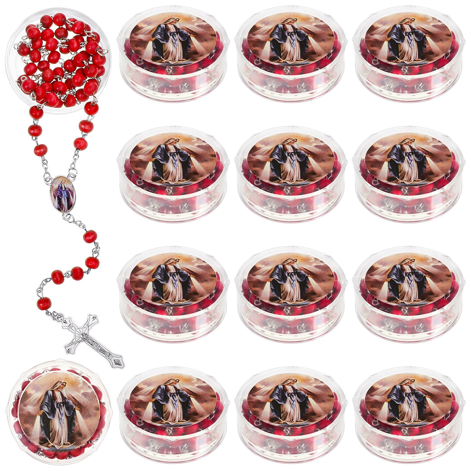 Bucherry 24 Pcs Our Lady of Grace Scented Red Rosary Necklace Party Favor Catholic Gift with Box Rosary Bead Necklace for Funeral Baptism First