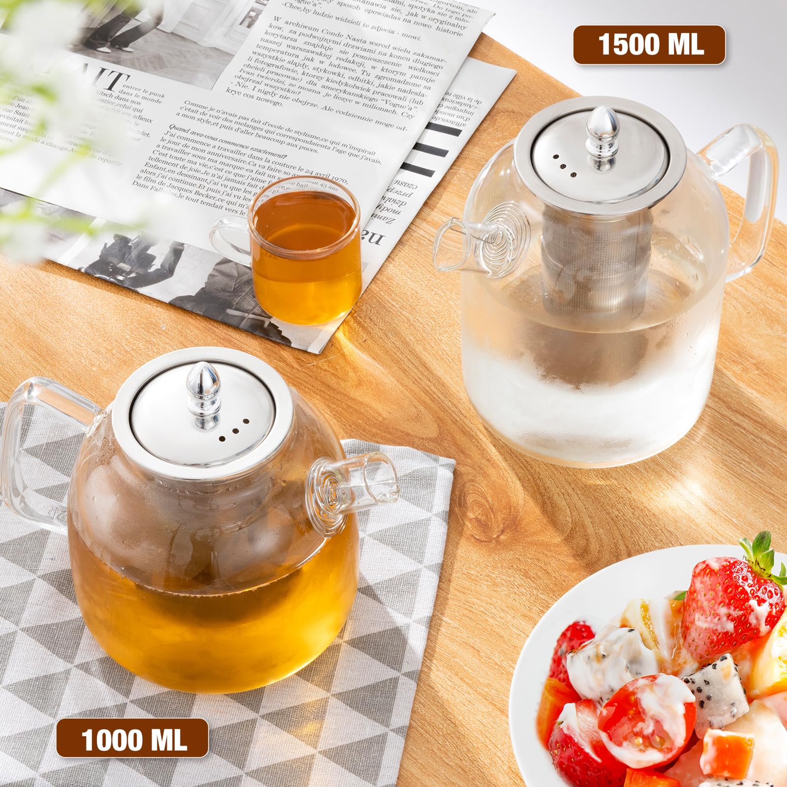 Théière En Verre De 1,8 L Avec Couvercle En Bois, Théière Avec Infuseur