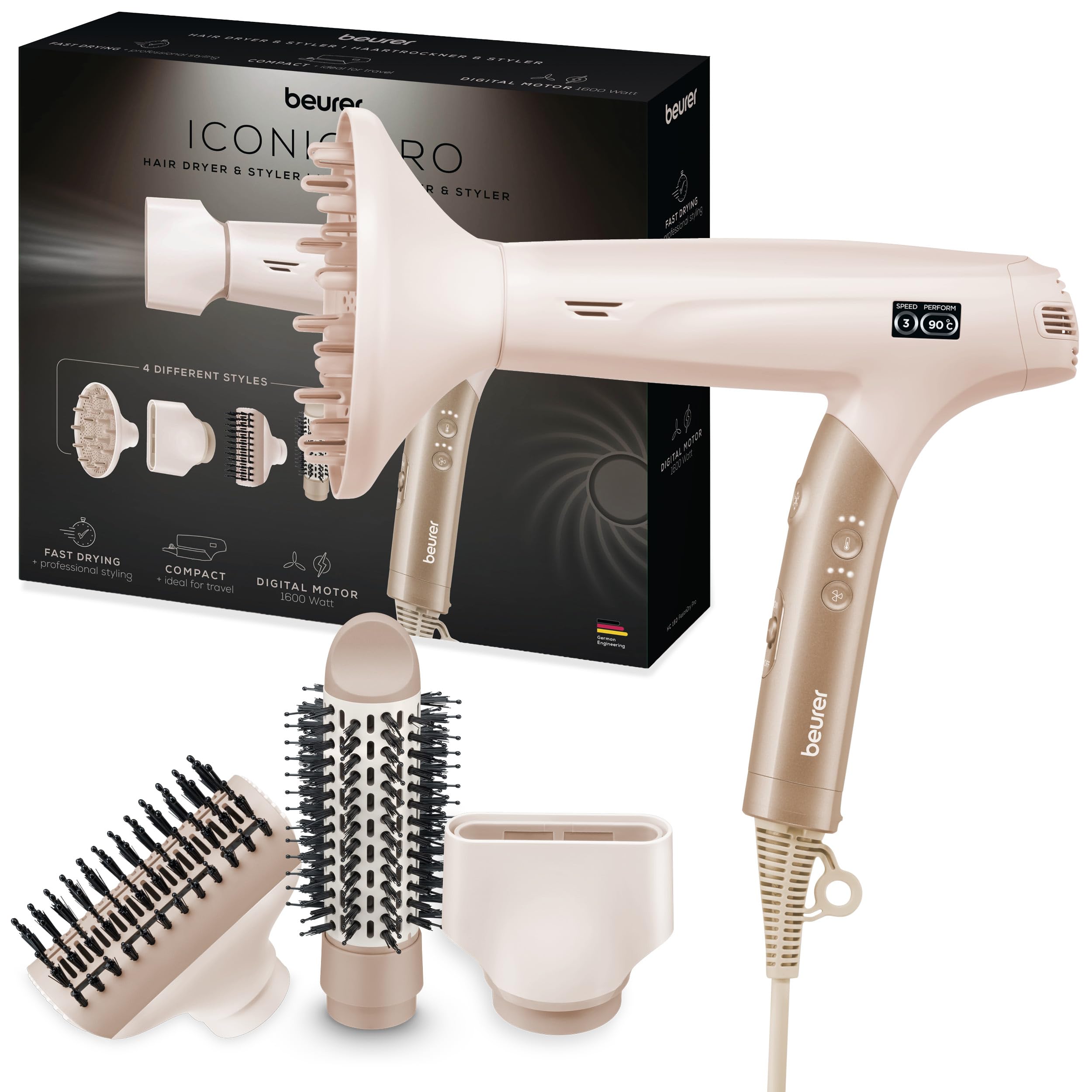 Beurer HC 150 FusionDry Pro Sèche-cheveux, sèche-cheveux ultra-léger avec moteur numérique puissant, poignée pliante ergonomique idéale pour les voyages, incl. 4 accessoires de coiffage
