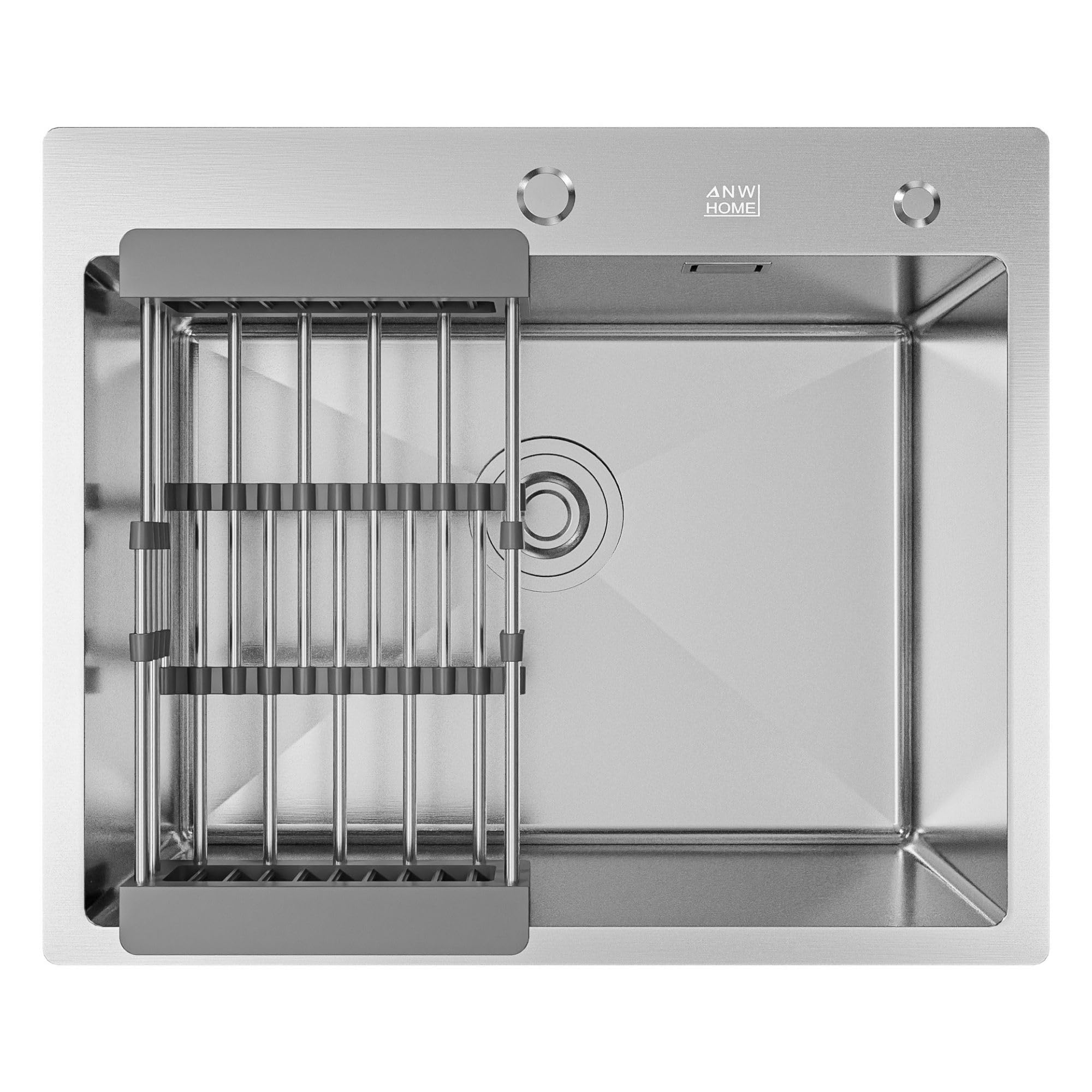 ANW HOME Lavello Cucina 1 Vasca, Lavandino Cucina in Acciaio Inox 304 con Montaggio Superiore, 60x50 cm, Argento, Finitura Nano, Spessore 3+1 mm, Profondità 22 cm, con Sifone