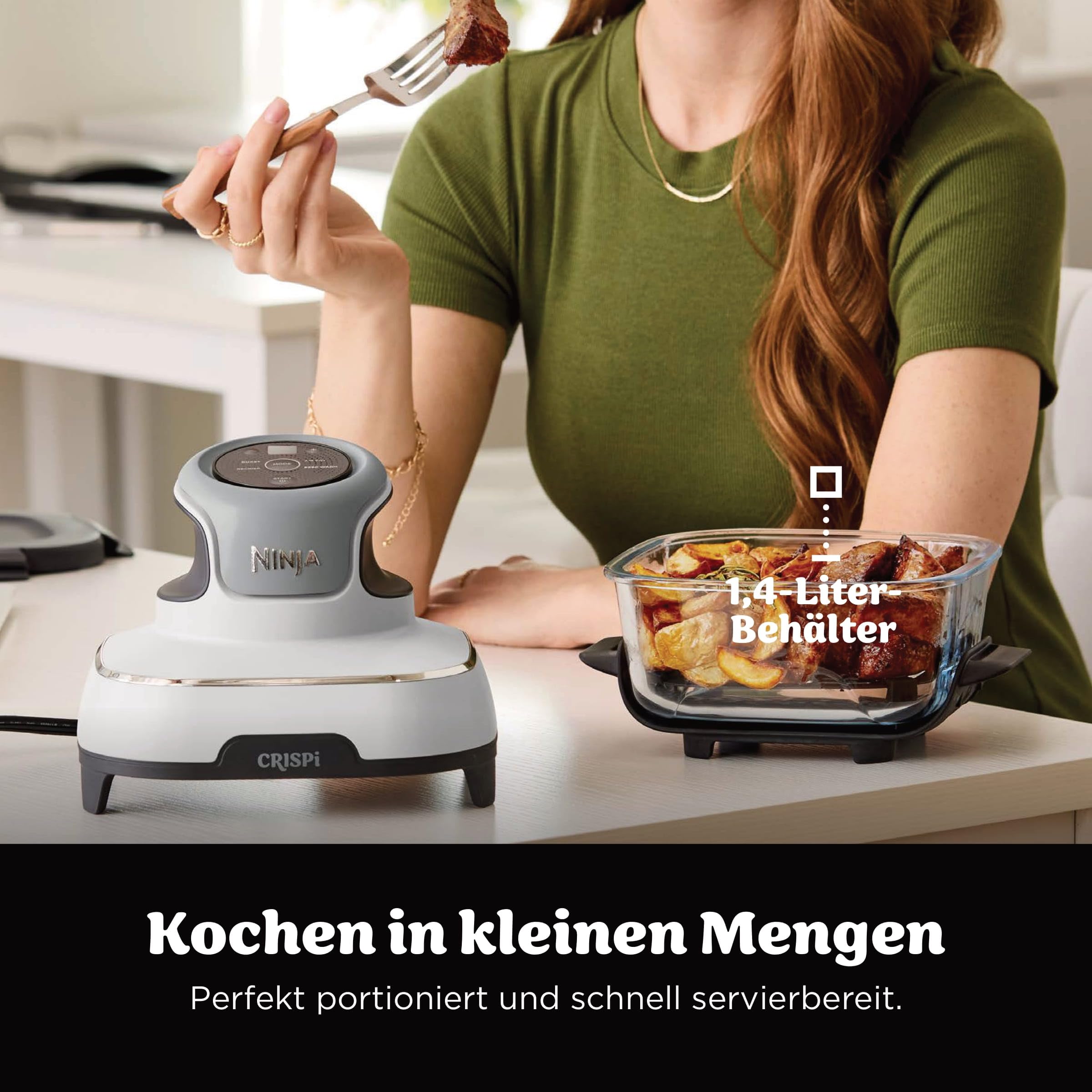 Ninja CRISPi Tragbare Heißluftfritteuse 3,8 l & 1,4 l 4-in-1 Heißluftfrittieren Braten Aufknuspern 1700 W Weiß FN102EU