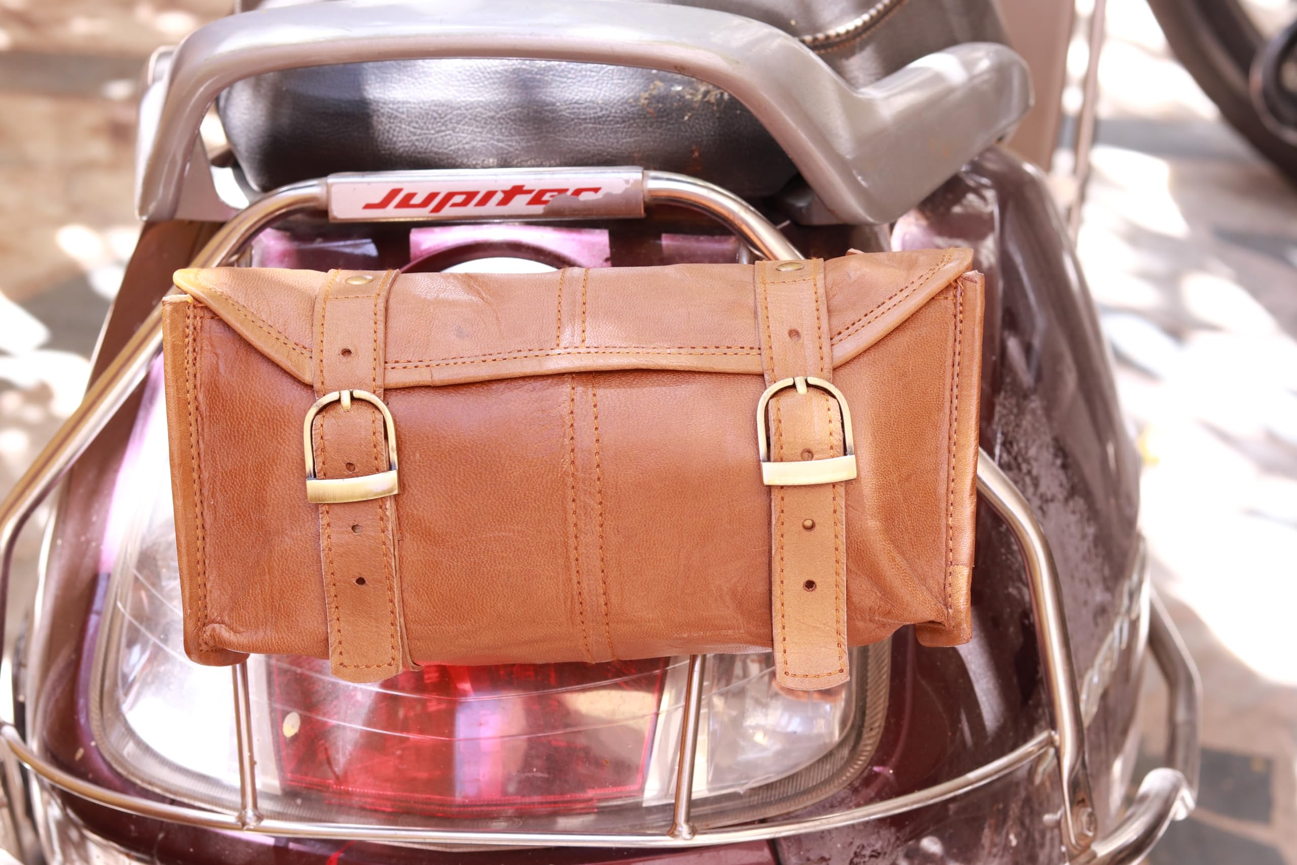 american blue Borsa da moto vintage, in vera pelle di capra, con fibbia a 2 cinghie e chiusura rapida, borsa porta attrezzi marrone, rinforzata, per manubrio, forcelle, borsa da bicicletta (motivo 3)
