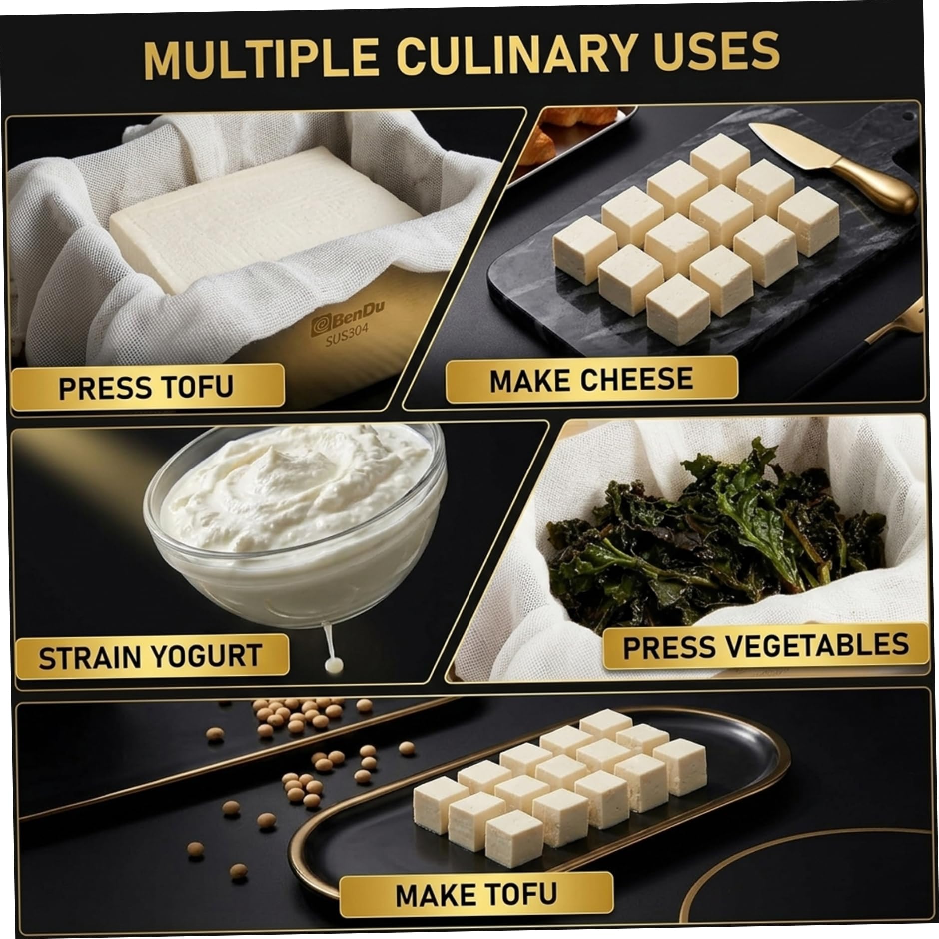 Tofu-Presse, Edelstahl 304, Lebensmittelqualität, Tofu-Maker mit abnehmbarem Boden, inklusive Abtropfschale und Tuch, ideal für hausgemachtes Paneer und Käse, 21, 6 x 11, 9 x 14 cm