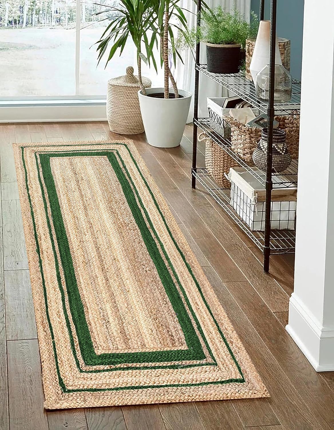 Tapis en jute tressé à la main de haute qualité 60x210 cm vert déco style ferme