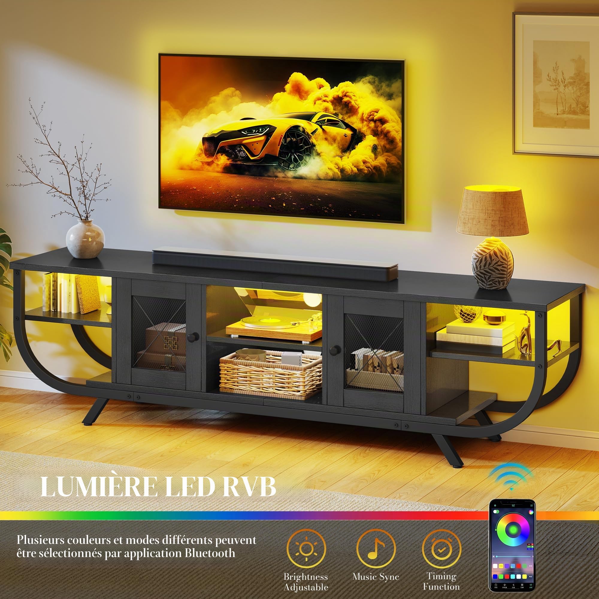YITAHOME Meuble TV Industriel, Meuble Télé 160 cm Longueur pour Téléviseur Jusqu’à 65 Pouces avec Rangement Spacieux, Éclairage LED RGB, Cadre en Métal, Meuble Tele Salon, Chambre, Noir