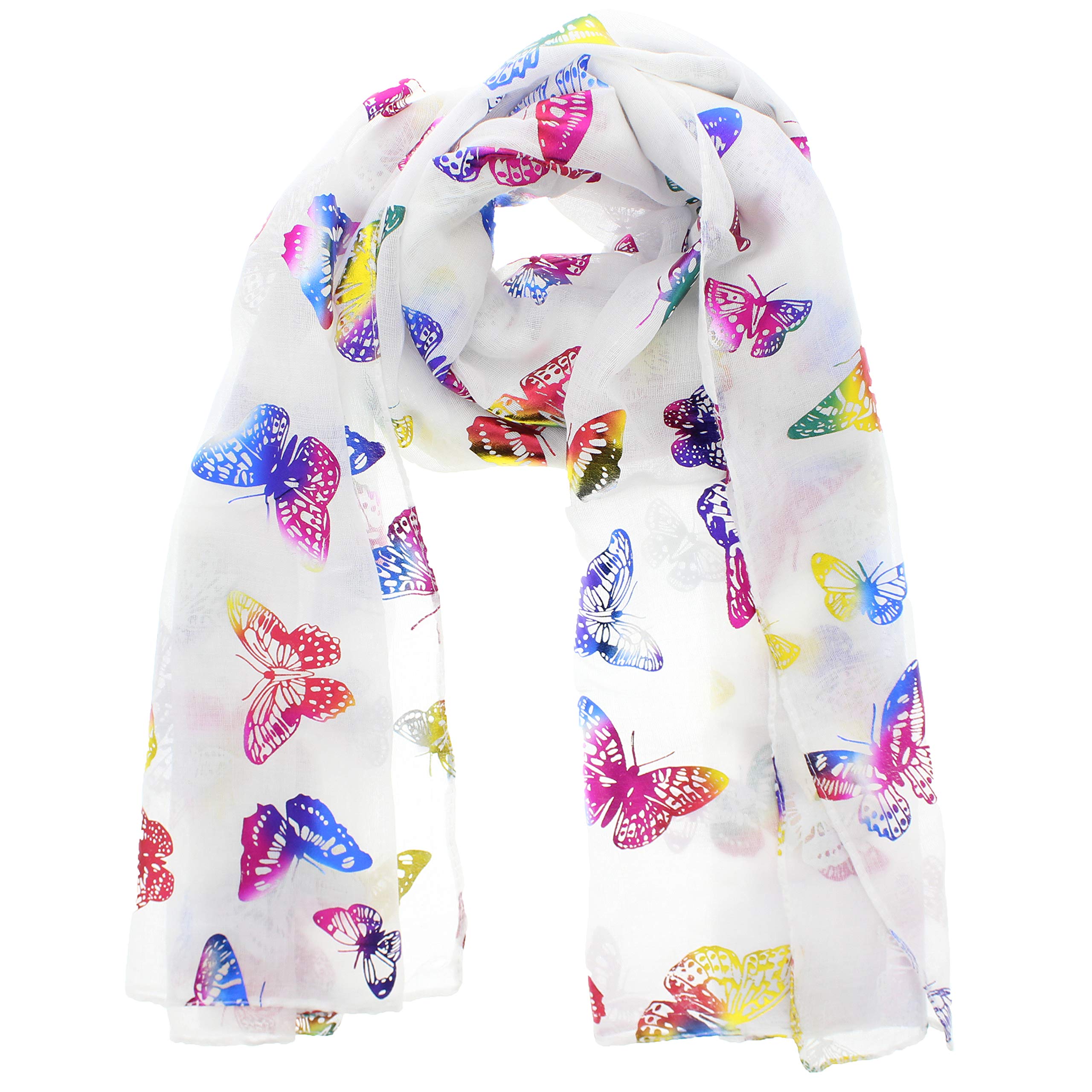 Zac's Alter Ego Women's White Scarf With Rainbow Foil Metallic Glitter Butterfly Print