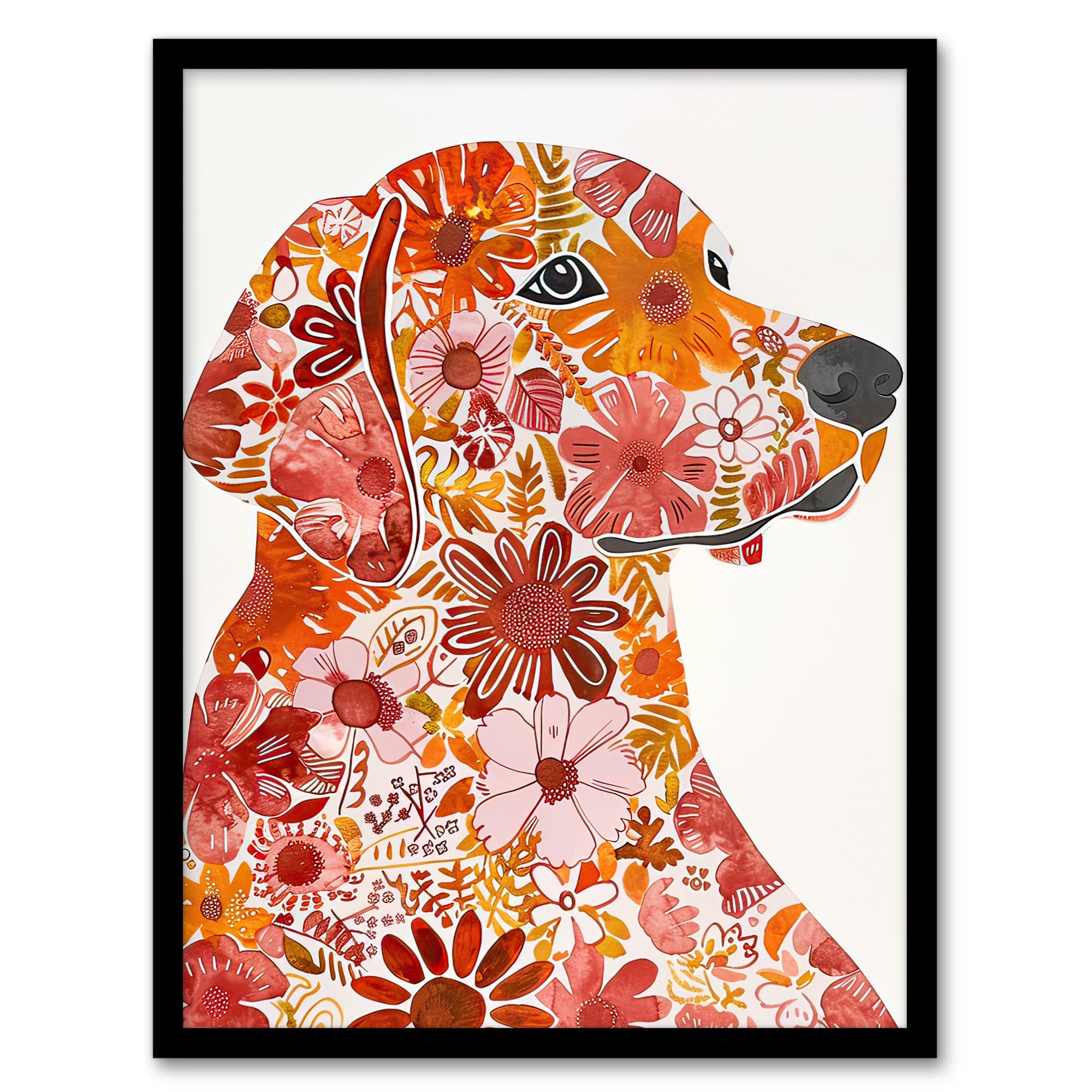 Artery8 Flower Pattern Red Labrador Dog Lover Portrait Living Room Artwork Framed Wall Art Print A4