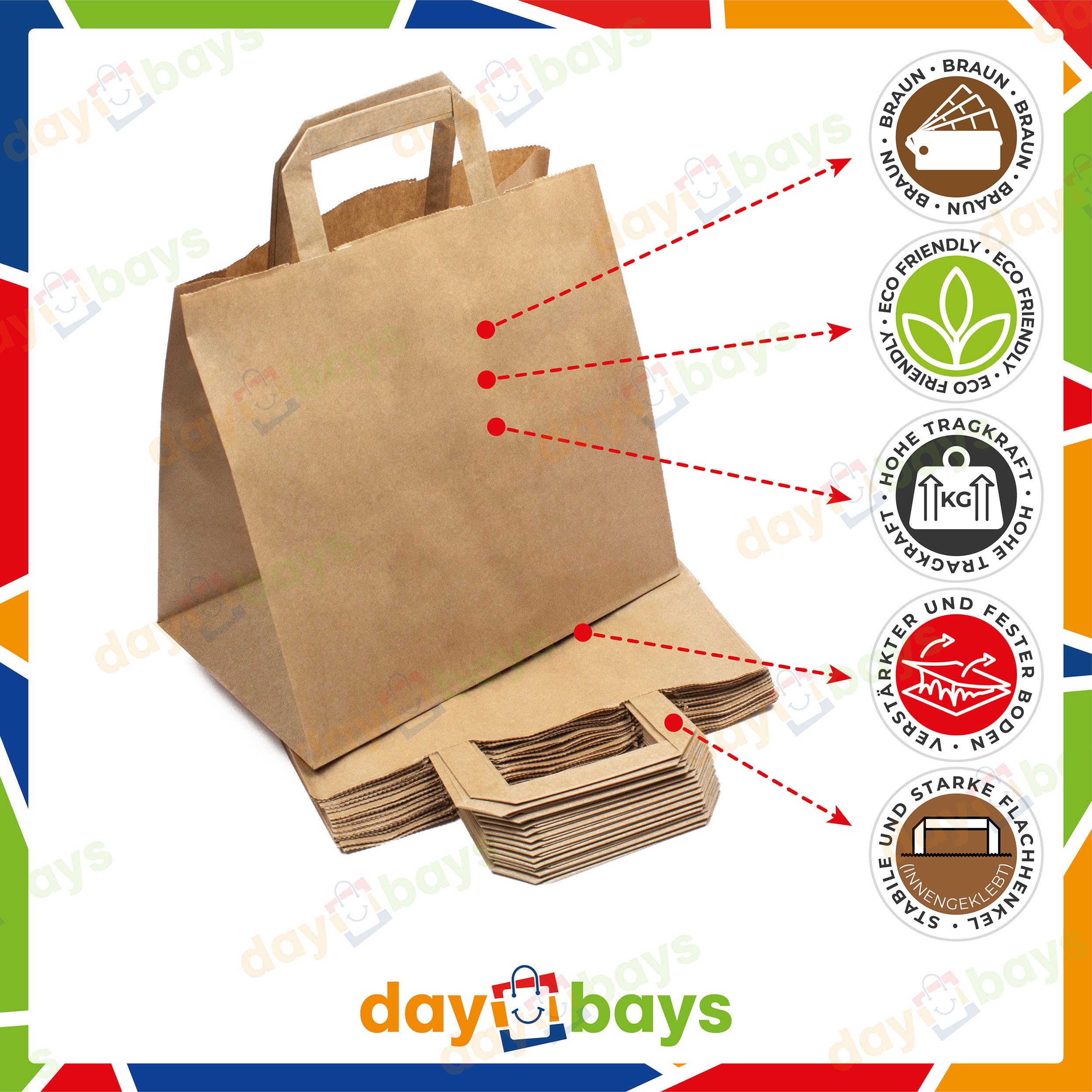 Daybays Papiertüten 26+17 x 25 cm Braun 250 Stk. Geschenktüten Papiertragetaschen mit Henkel aus Kraftpapier, Papiertaschen Geschenktüte Papiertüte klein (250)