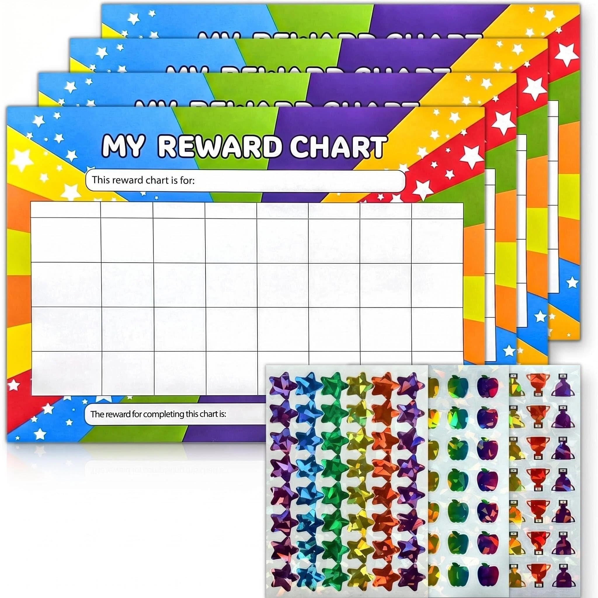 4 PCS A4 Kids Reward Chart,QIANSSE with 125 Star Stickers for Behavior & Potty Training Toddler Sticker Chart to Encourage Good Behaviour 21x29.7cm